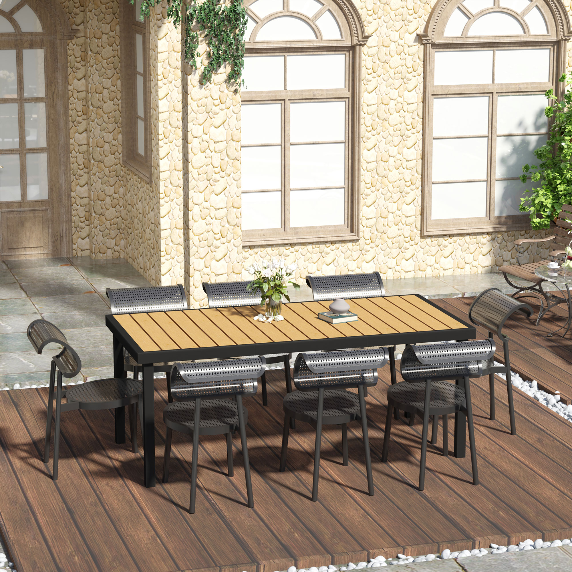 75" x 35" Outdoor Dining Table for 8 People, Rectangular Aluminum Frame Garden Table with All-Weather Faux Wood Top for Lawn, Patio, Natural