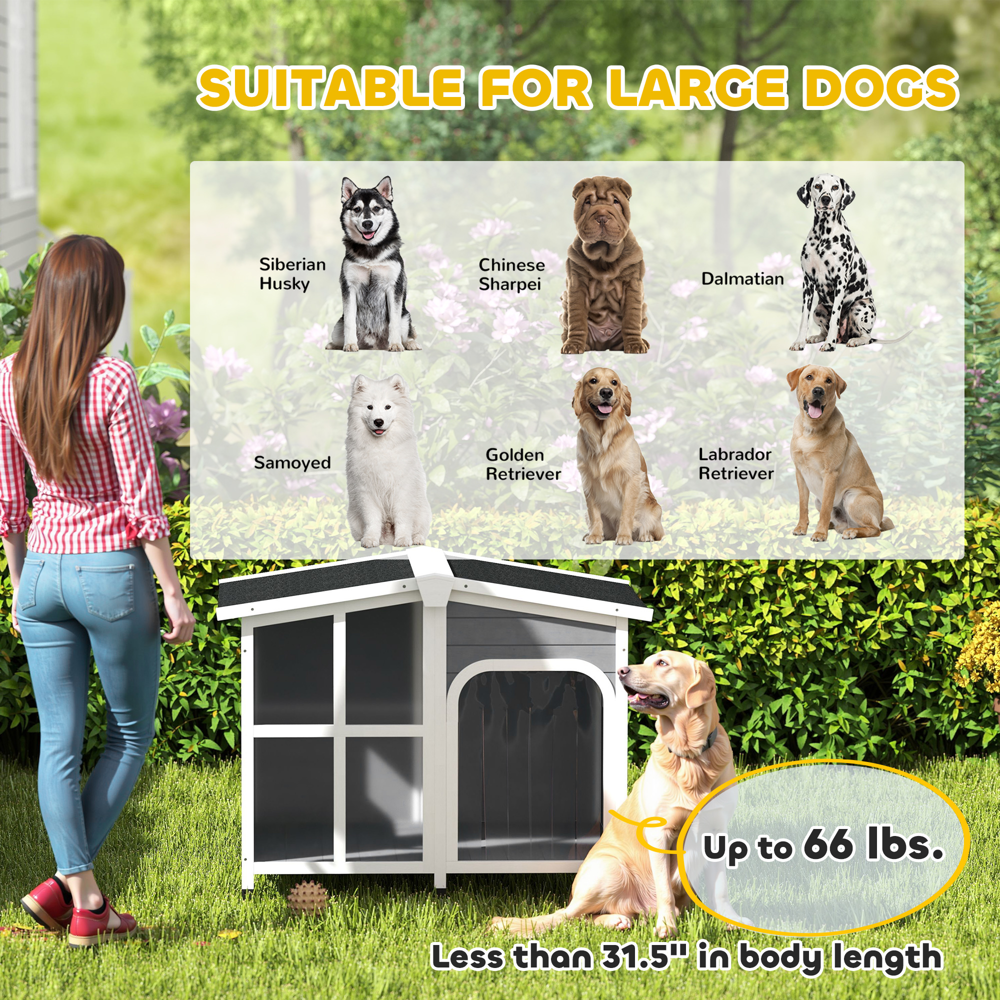  Cabin-Style Wooden Dog House for Large Dogs with Openable Roof & Giant Window, Dark Gray