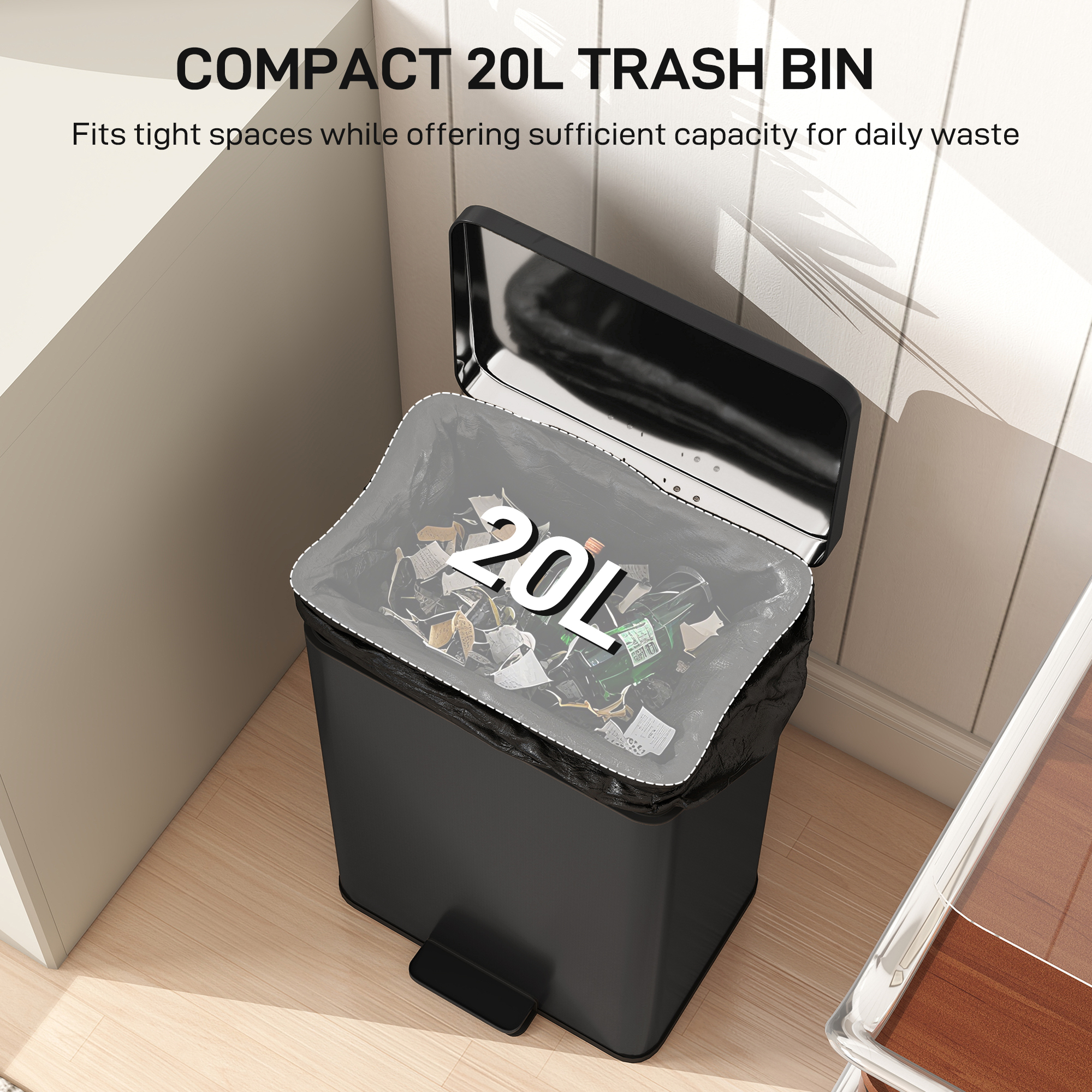 20L Kitchen Bin With Soft-Close Lid And Stay-Open Function, Stainless Steel — image 3