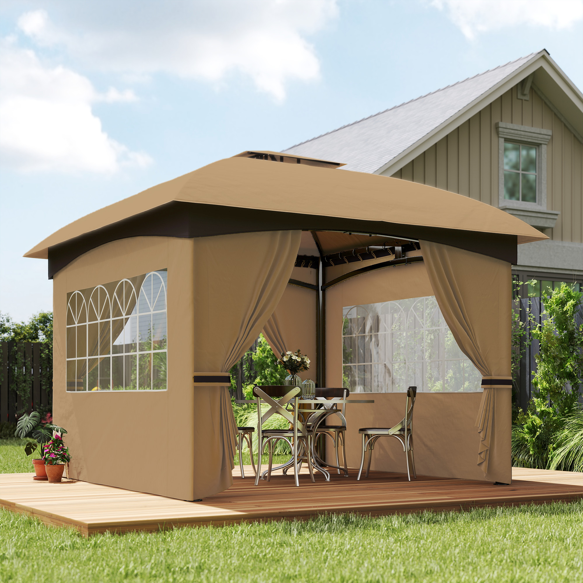 11 x 11 Outdoor Gazebo, Double Roof Patio Gazebo with Curtains, Church Windows, Galvanized Steel Frame, Beige