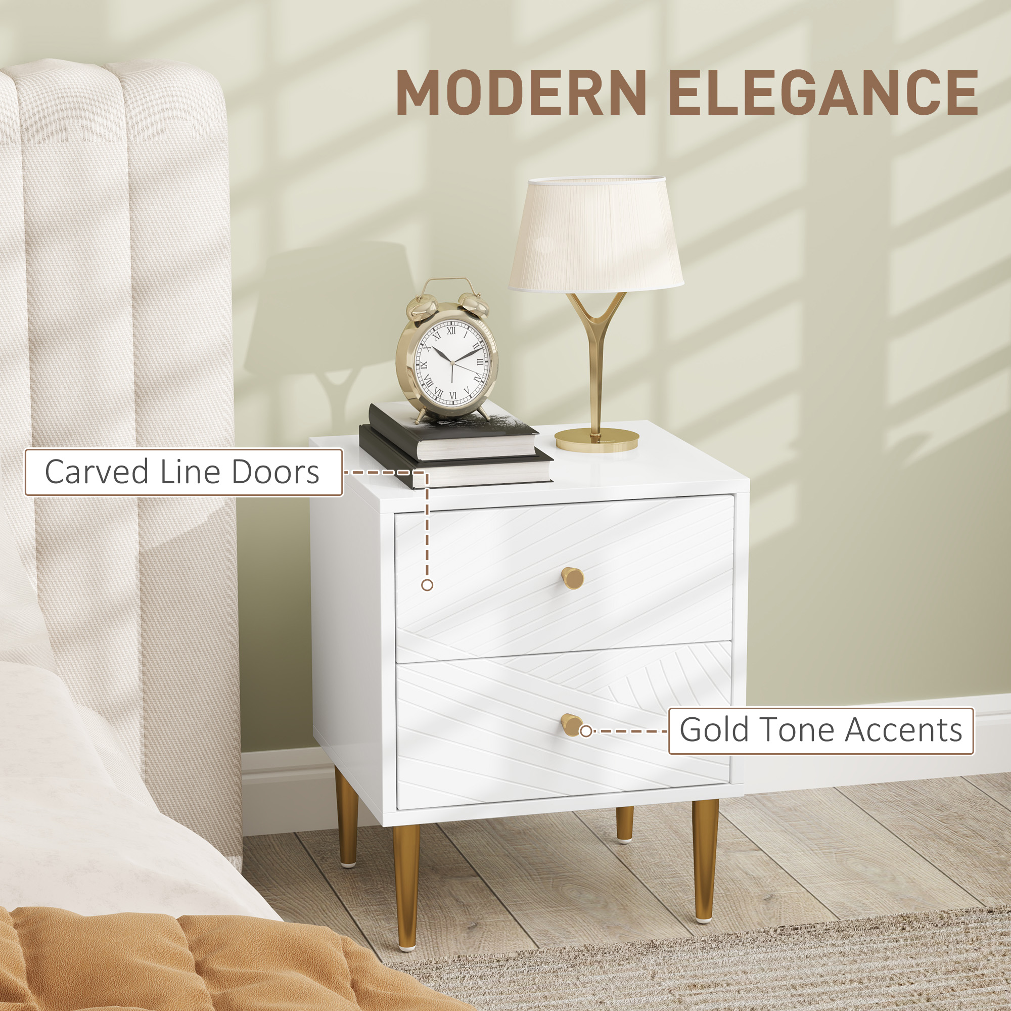 Elegant Two-Drawer Bedside Table - White Gold-Tone — image 4
