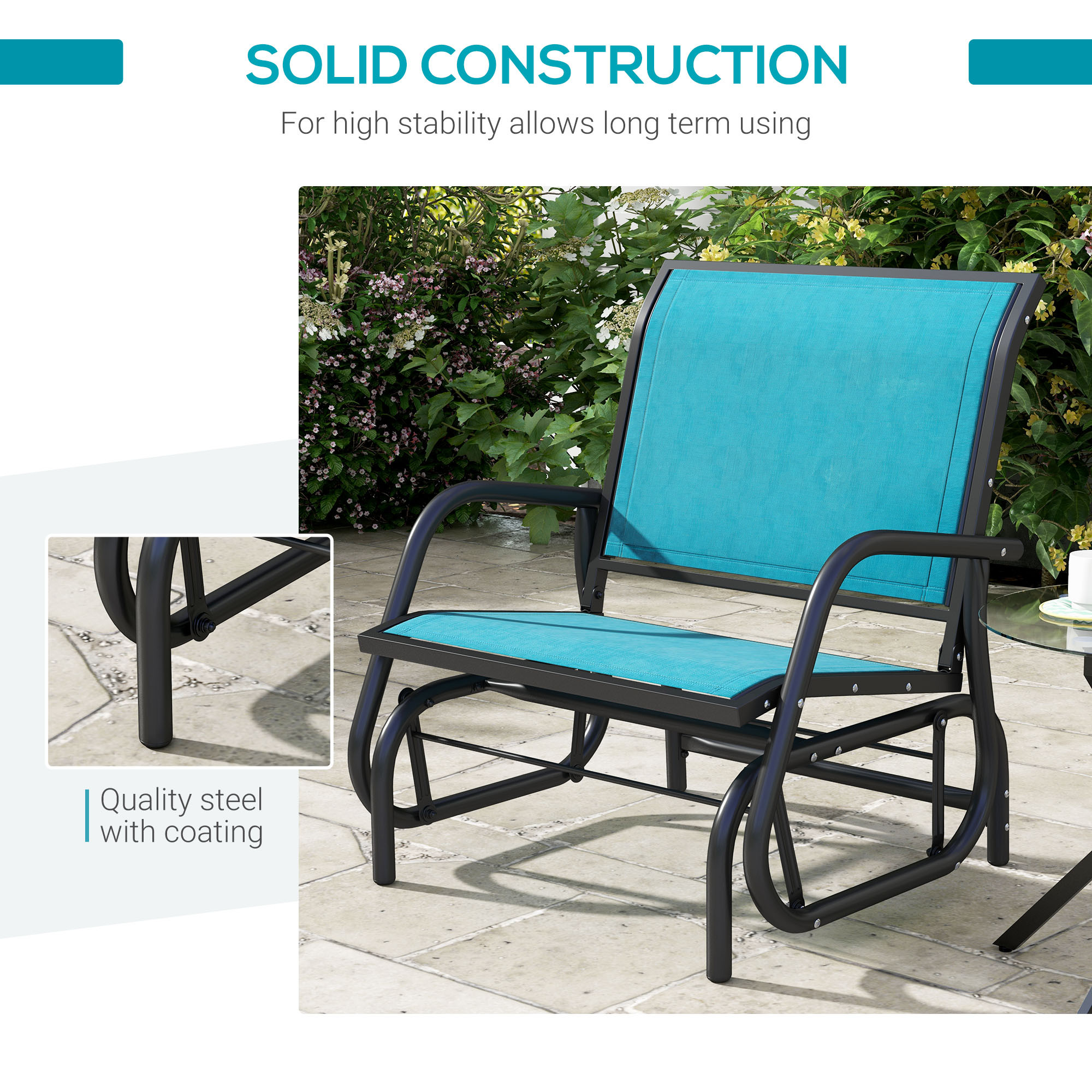 Outdoor Glider Chair, Steel Swing Chai with Curved Armrests for Porch, Garden, Poolside, Balcony, Blue
