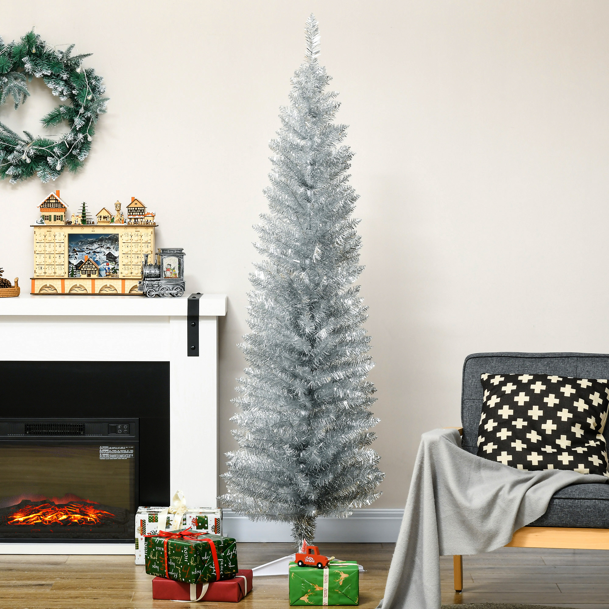  6' Artificial Pencil Christmas Tree, Slim Xmas Tree with 390 Realistic Branch Tips and Plastic Stand, Silver