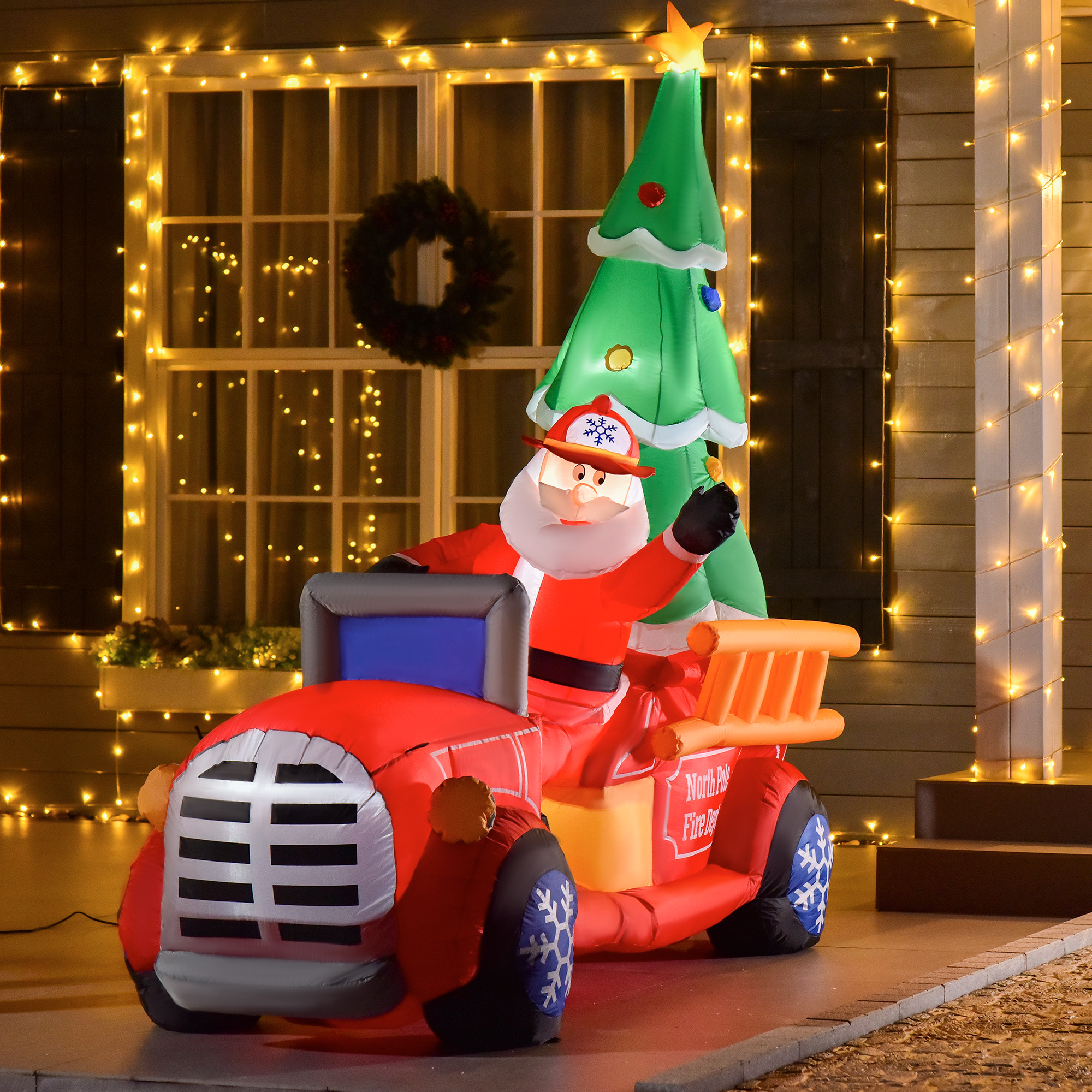 7.5ft Christmas Inflatable Santa Claus Driving a Fire Truck with Tree, Outdoor Blow-Up Yard Decoration with LE
