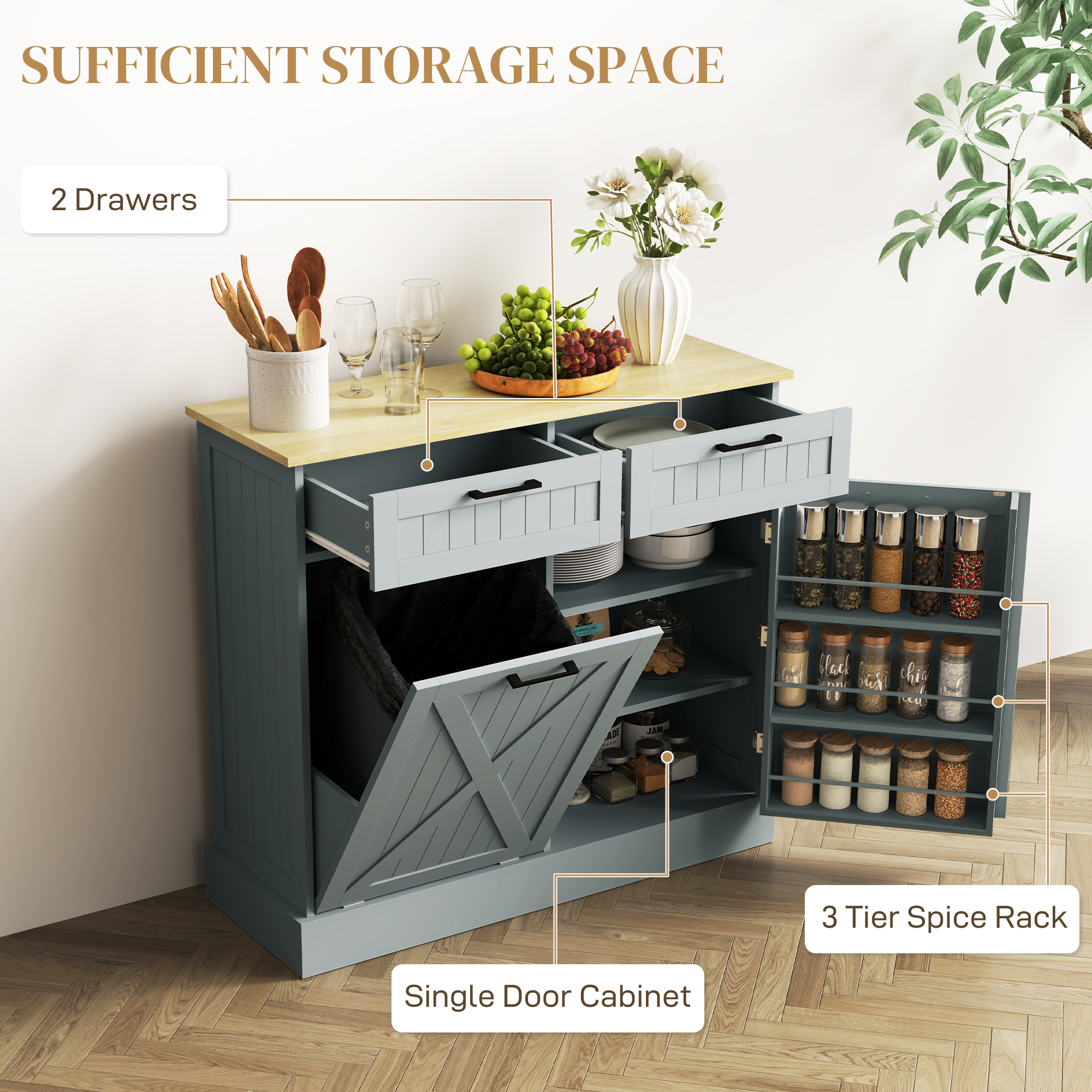10 Gallon Farmhouse Kitchen Cabinet with Hidden Trash Can view 5