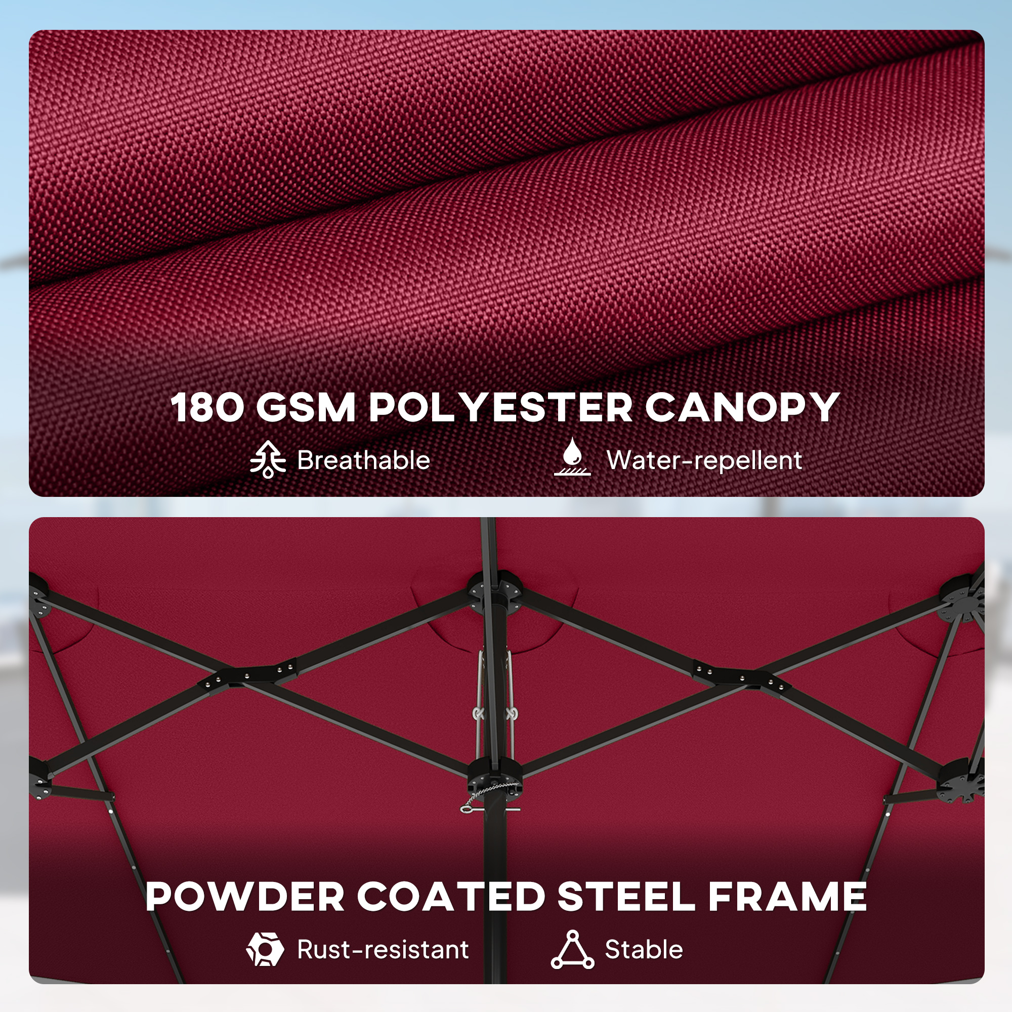 Garden Parasol, Double-Sided Sun Umbrella with LED Solar Lights, Patio Parasol for Outdoor, Wine Red - 7
