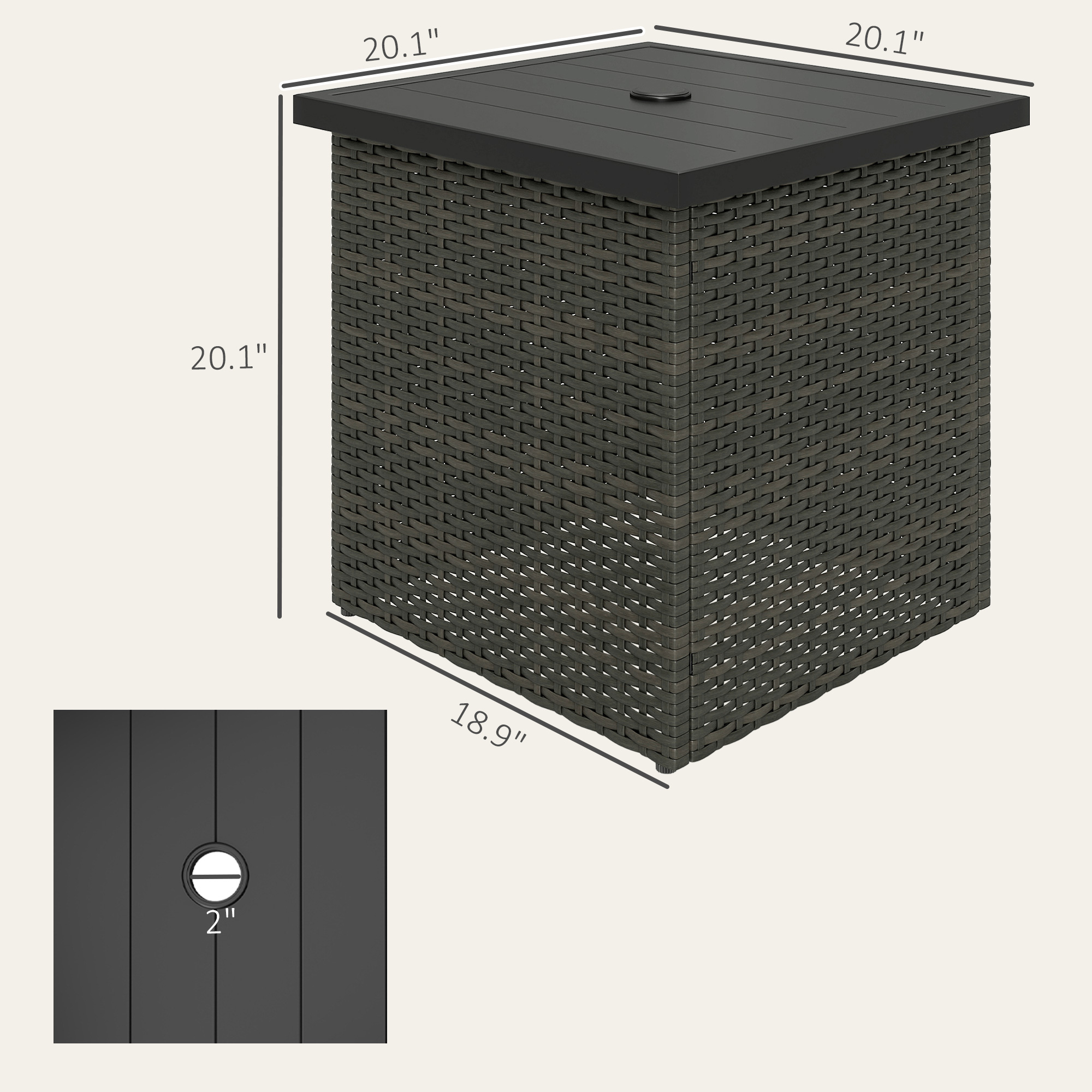  Wicker Side Table with 1.5" Umbrella Hole, Square Outdoor End Table with UV-Resistant Frame, Storage Space, Mixed-Brown