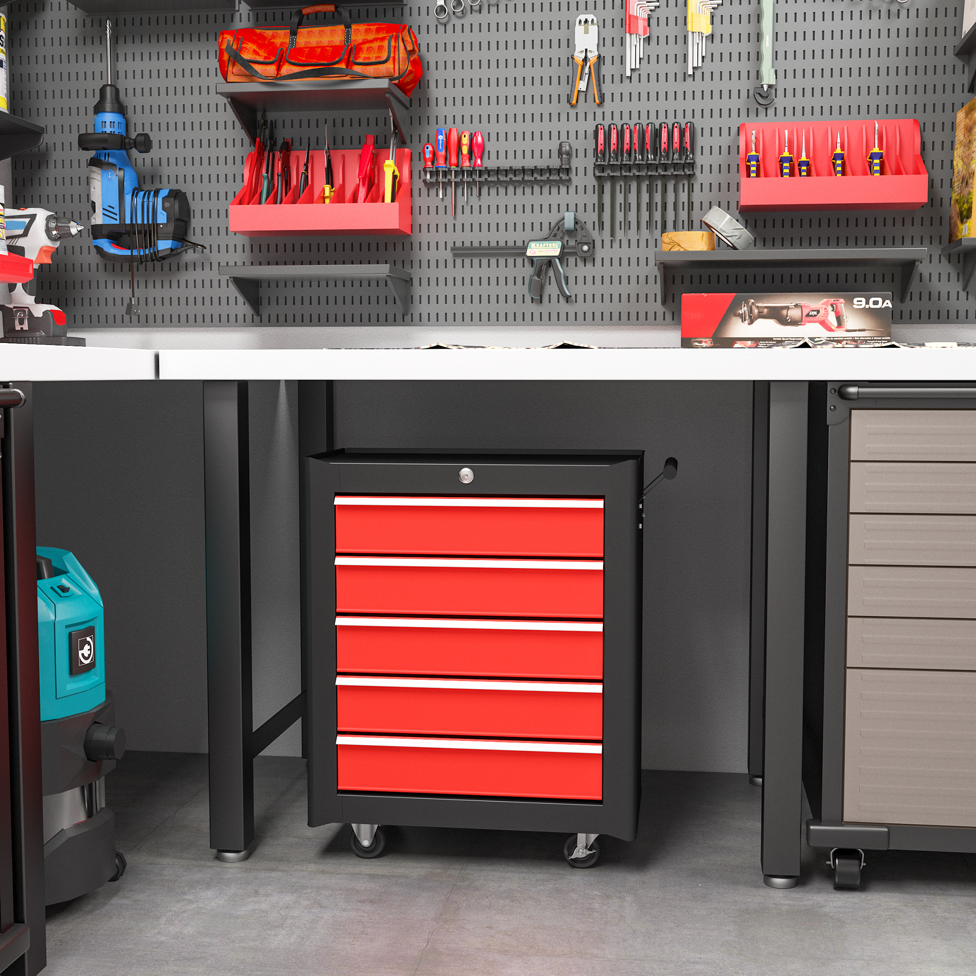 5-Drawer Tool Chest With Wheels, Steel Lockable Storage Cabinet Handle, 2 Keys — image 3