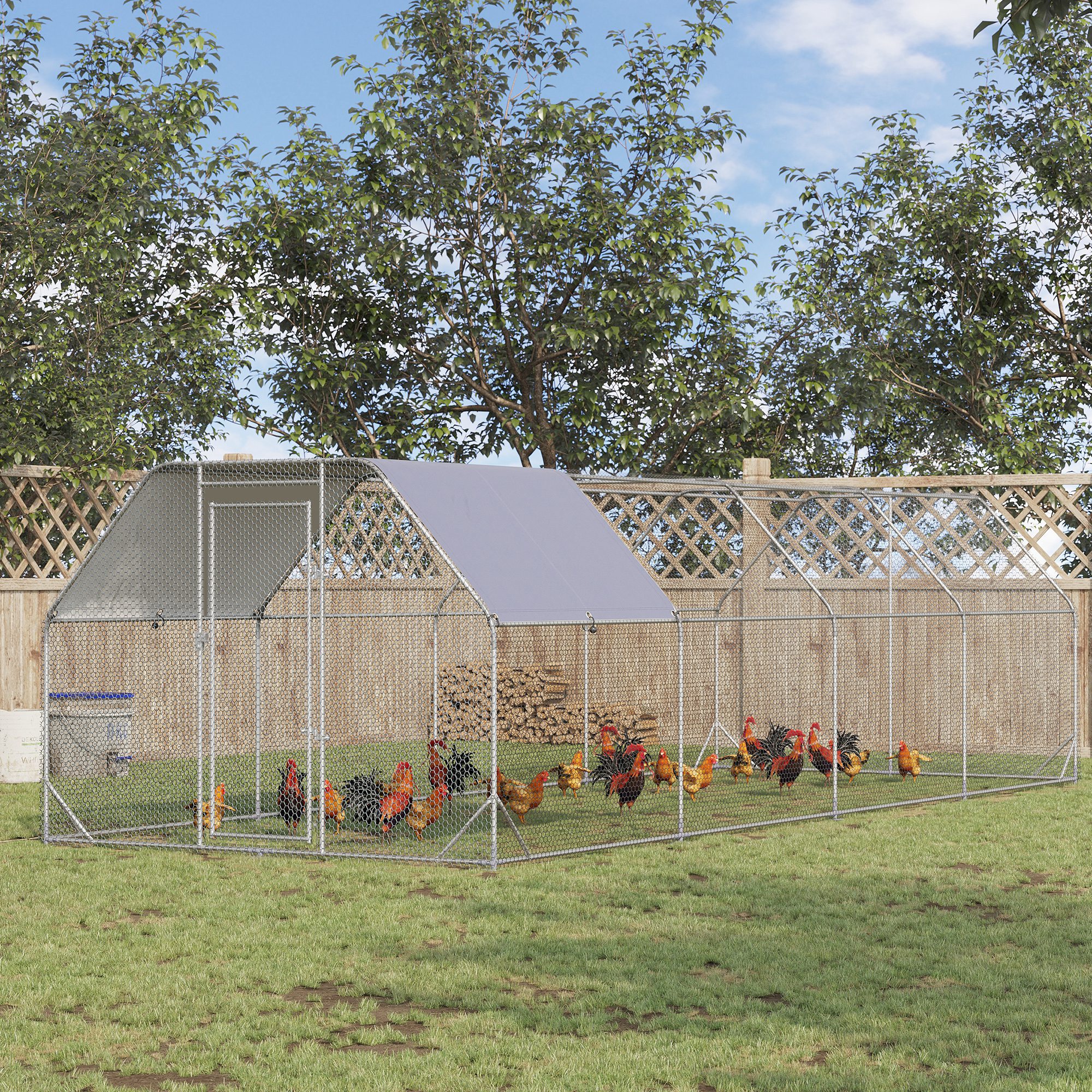 Large Chicken Coop Metal Chicken Run with Waterproof and Anti-UV Cover, Flat Shaped Walk in Fence Cage Hen House for Outdoor and Yard Farm Use, 1" Tube Diameter, 9.2 x 24.9 x 6.4