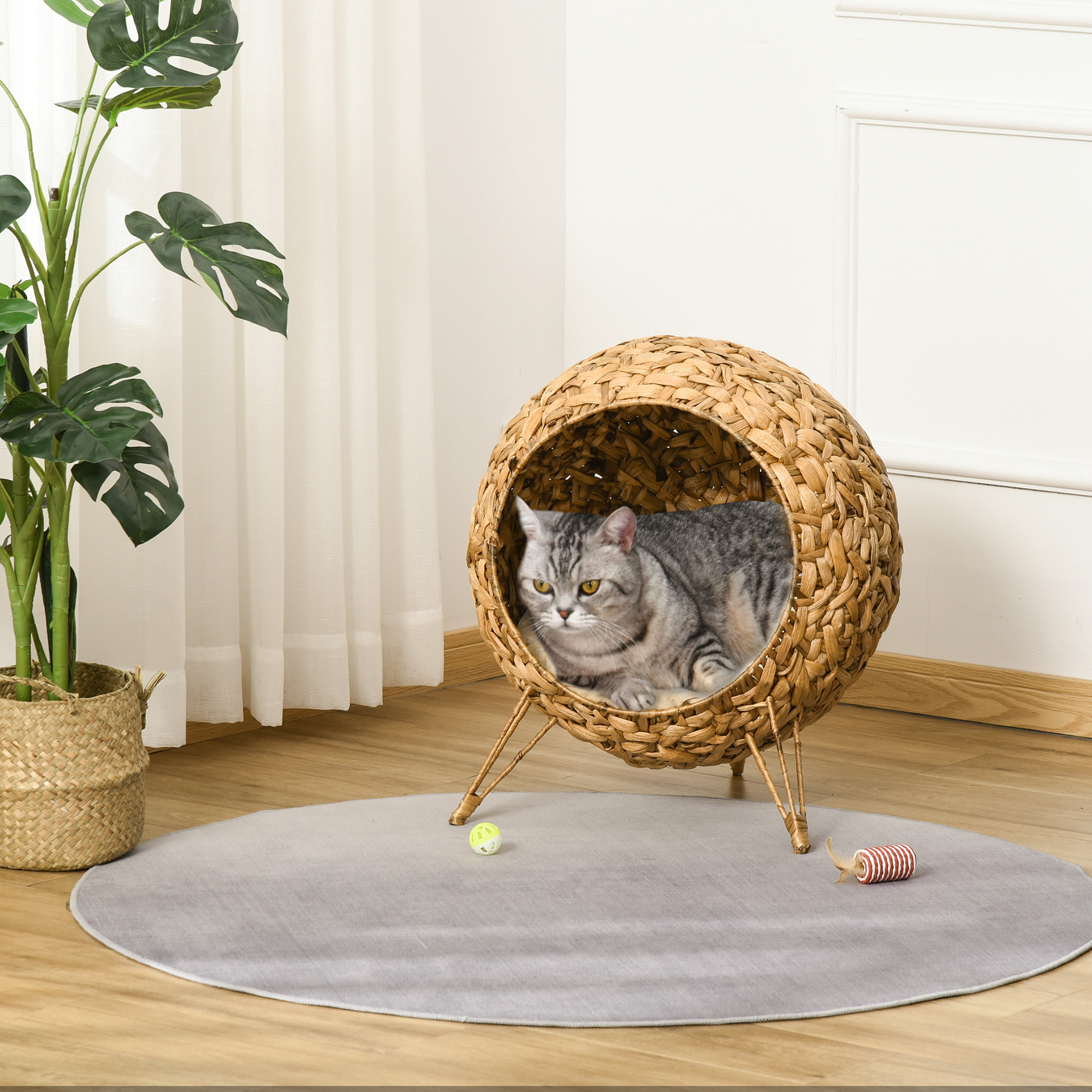  20.5" Weaved Cat Bed, Elevated Hand-woven Braided Banana Leaf Kitten House Condo with Cushion, Natural