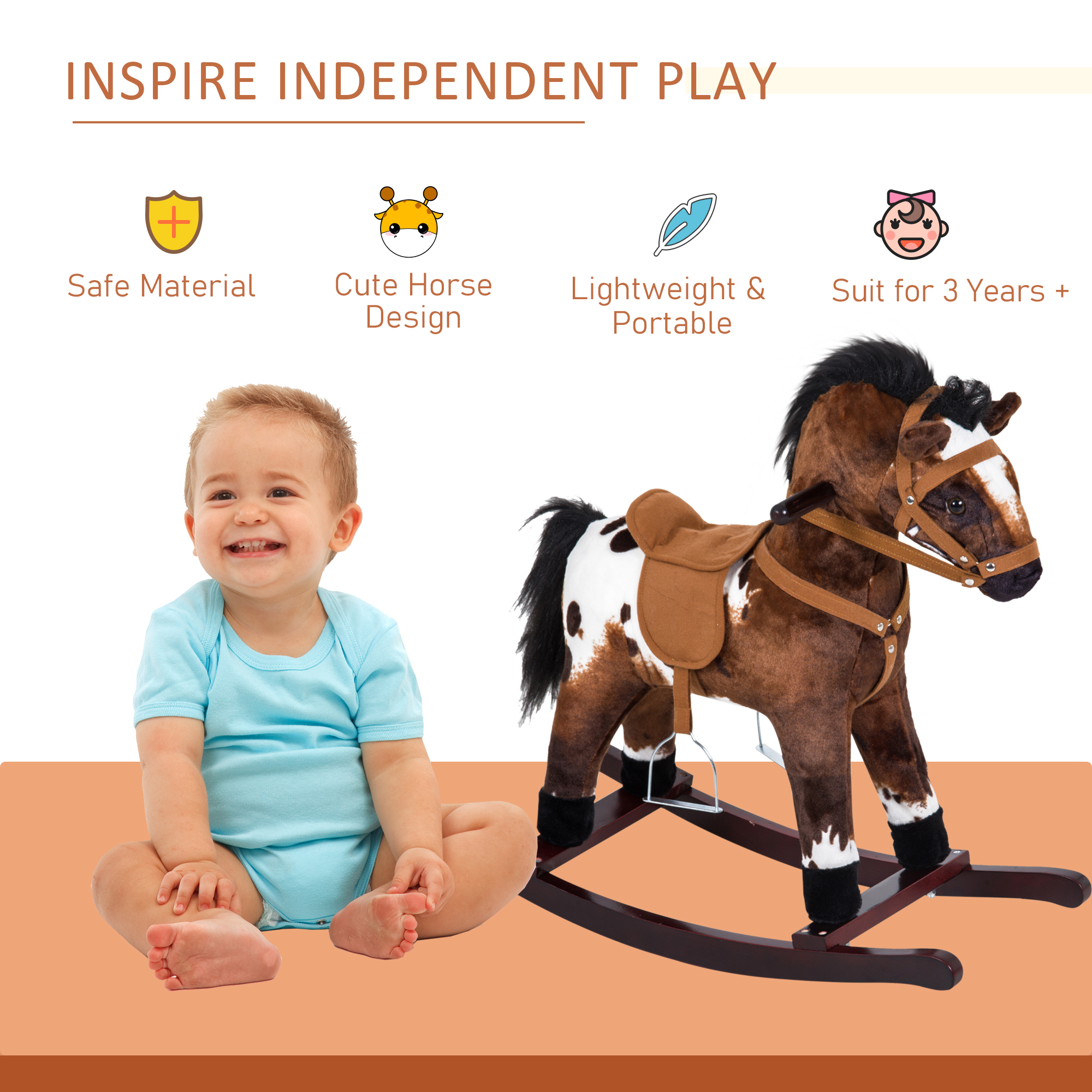 Kids Wooden Plush Ride-On Rocking Horse Chair Toy with Realistic Sounds Dark Brown/White image 3