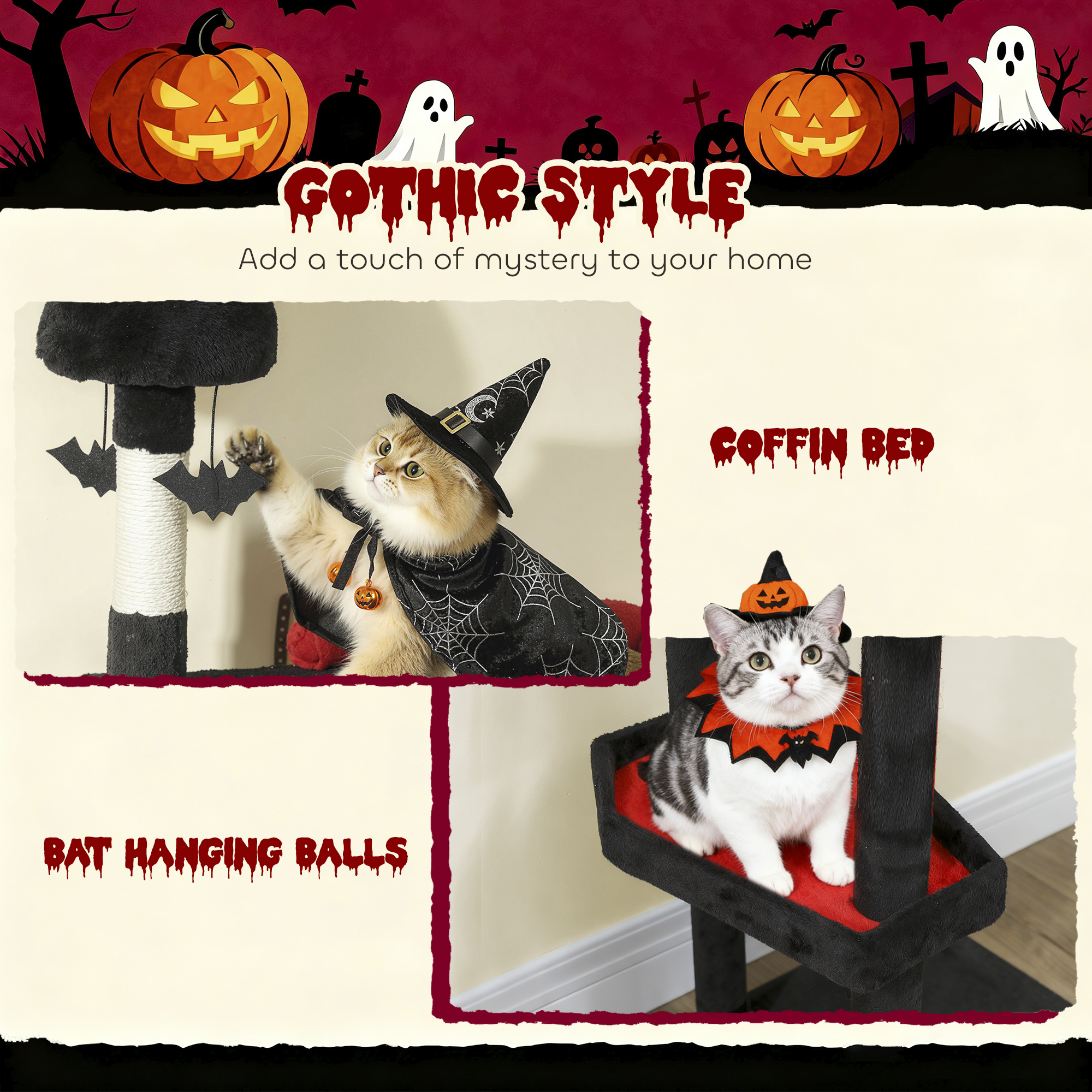 78" Gothic Cat Tree, Cat Tower with Coffin Bed, 2 Spacious Condos, Sisal Scratching Posts, Bat Hanging Balls, Halloween