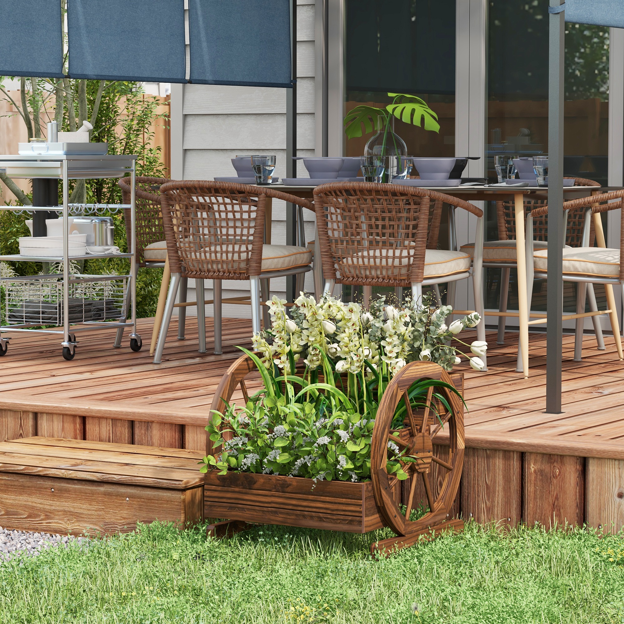 Wooden Wagon Planter Box, 3-Tier Raised Garden Bed, for Vegetables Flowers Herbs, 25" x 24" x 23"