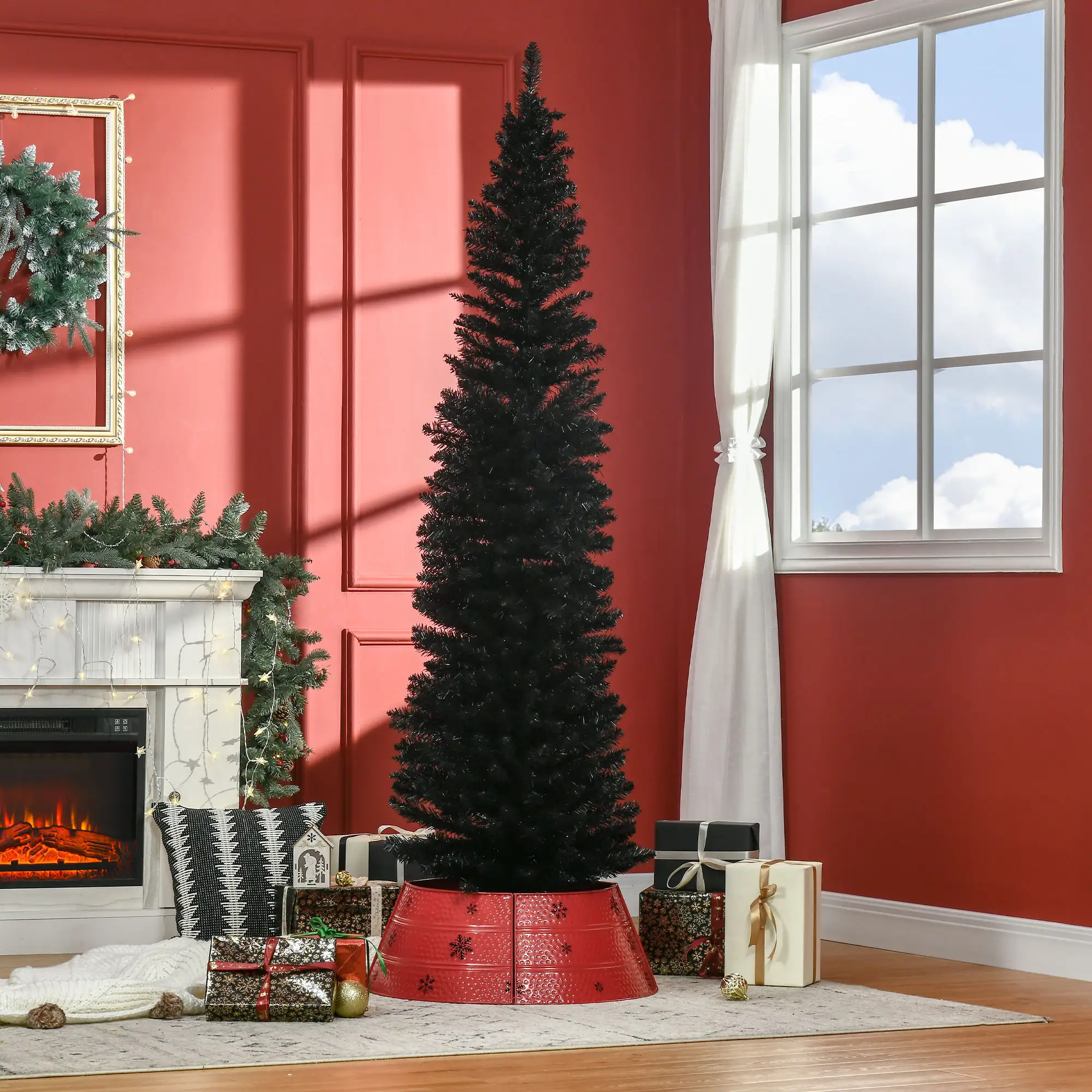7' Artificial Pencil Christmas Tree, Slim Xmas Tree with 499 Realistic Branch Tips and Plastic Stand, Black