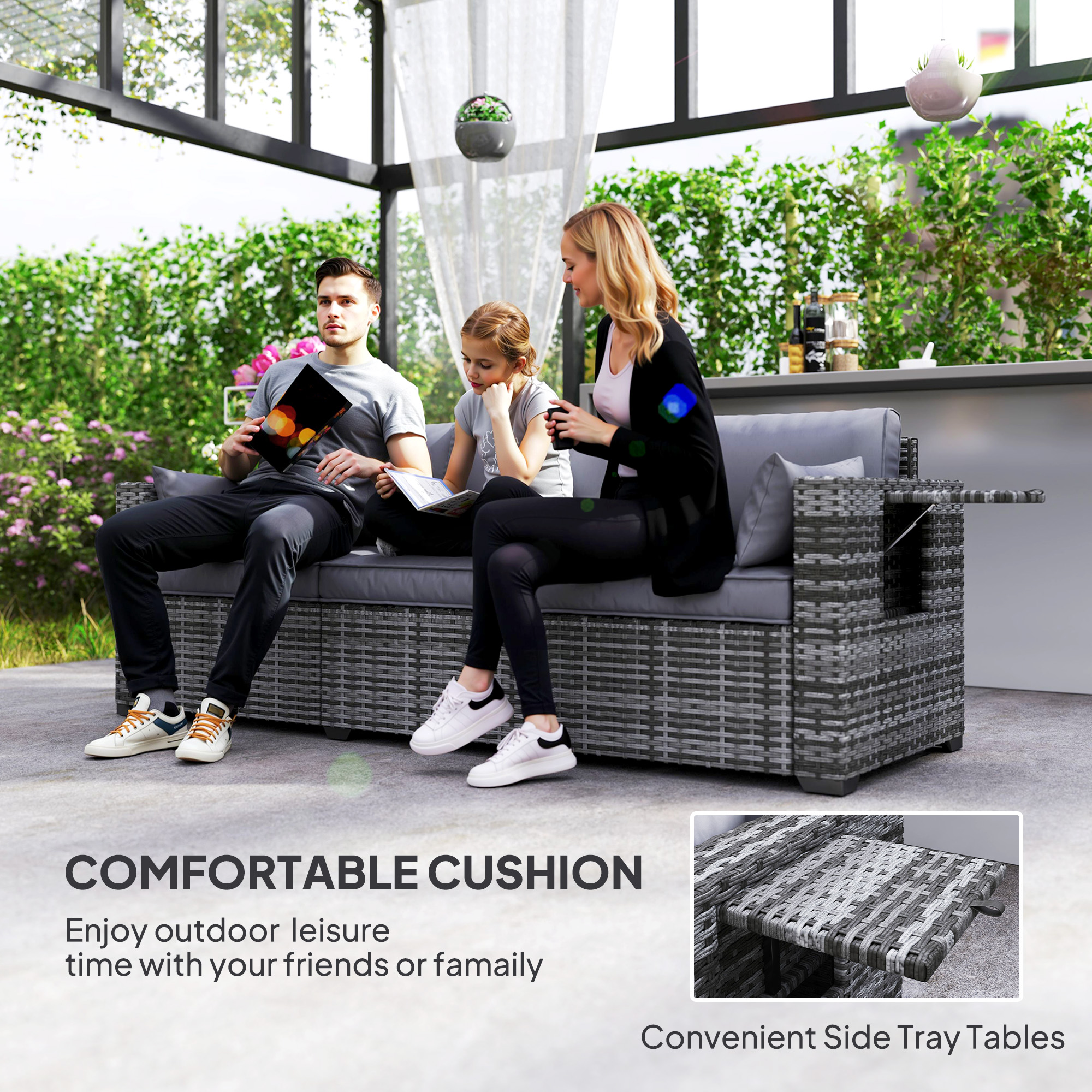 3 Seater Wicker Sofa with Side Trays, Outdoor Patio Couch with 6″ Thick Back Cushions, Deep Seating, Mixed Gray