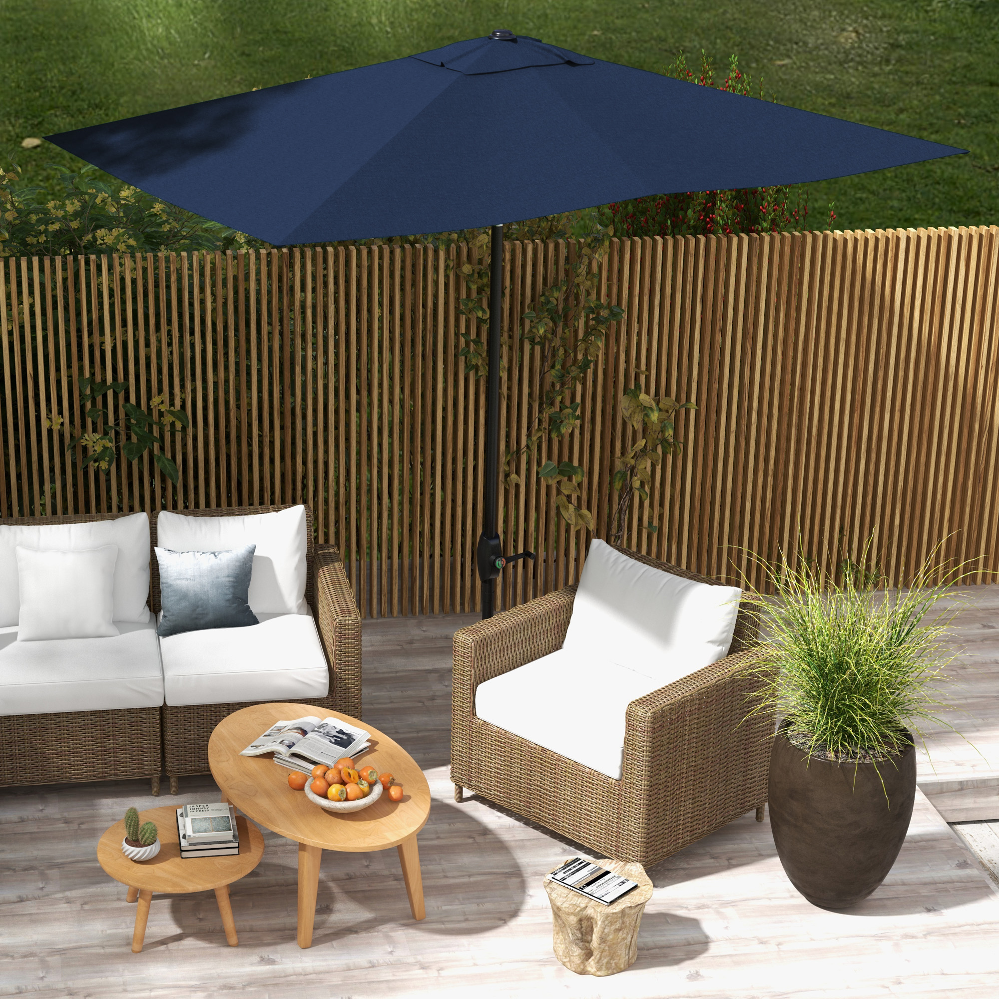 6.5′ x 10′ Rectangular Market Umbrella, Patio Outdoor Table Umbrella with Crank and Push Button Tilt, Blue