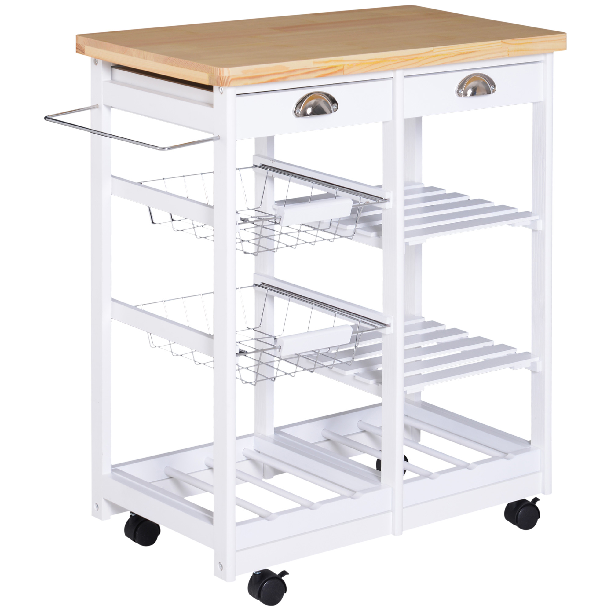 Rolling Kitchen Trolley with Wine Rack and Solid Wood Worktop
