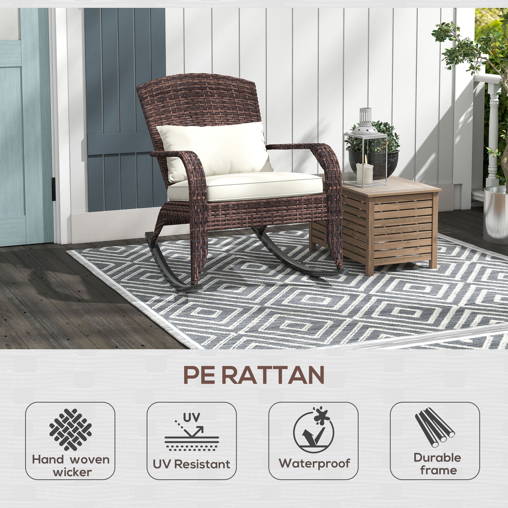  Adirondack Chair, Outdoor Wicker Rocking Chair with High Back, Seat Cushion, and Pillow for Porch, Balcony, Cream White