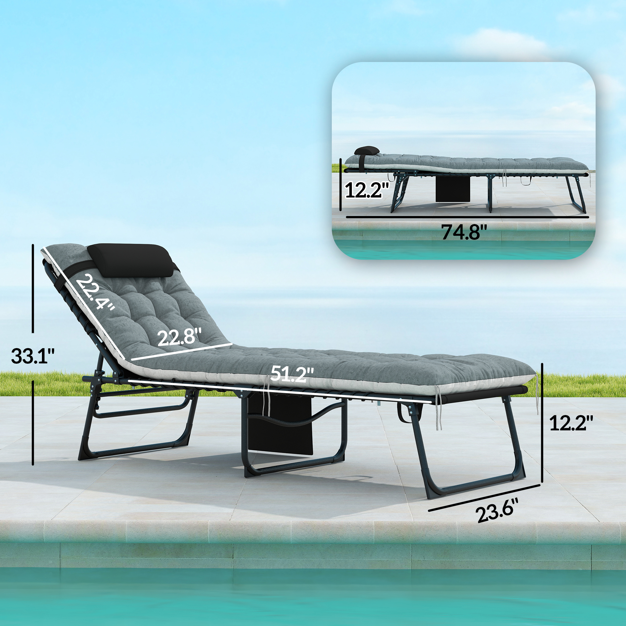 Outdoor Chaise Lounge Chair Set of 2, 5-Level Adjustable Folding Pool Lounge Chairs with Cushions, Black/Gray