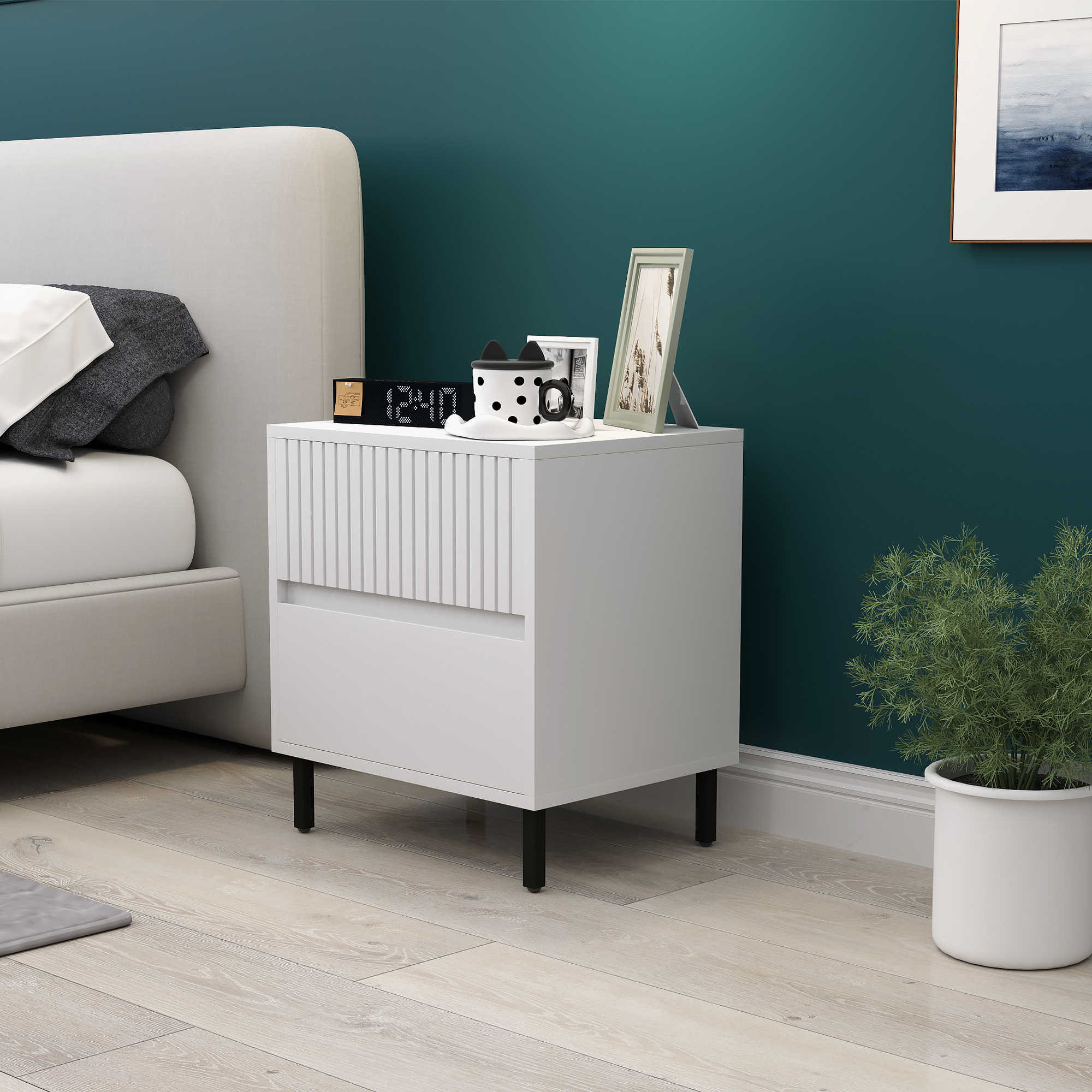 Simple Line Indented Two-Drawer Bedside Table - White — image 3