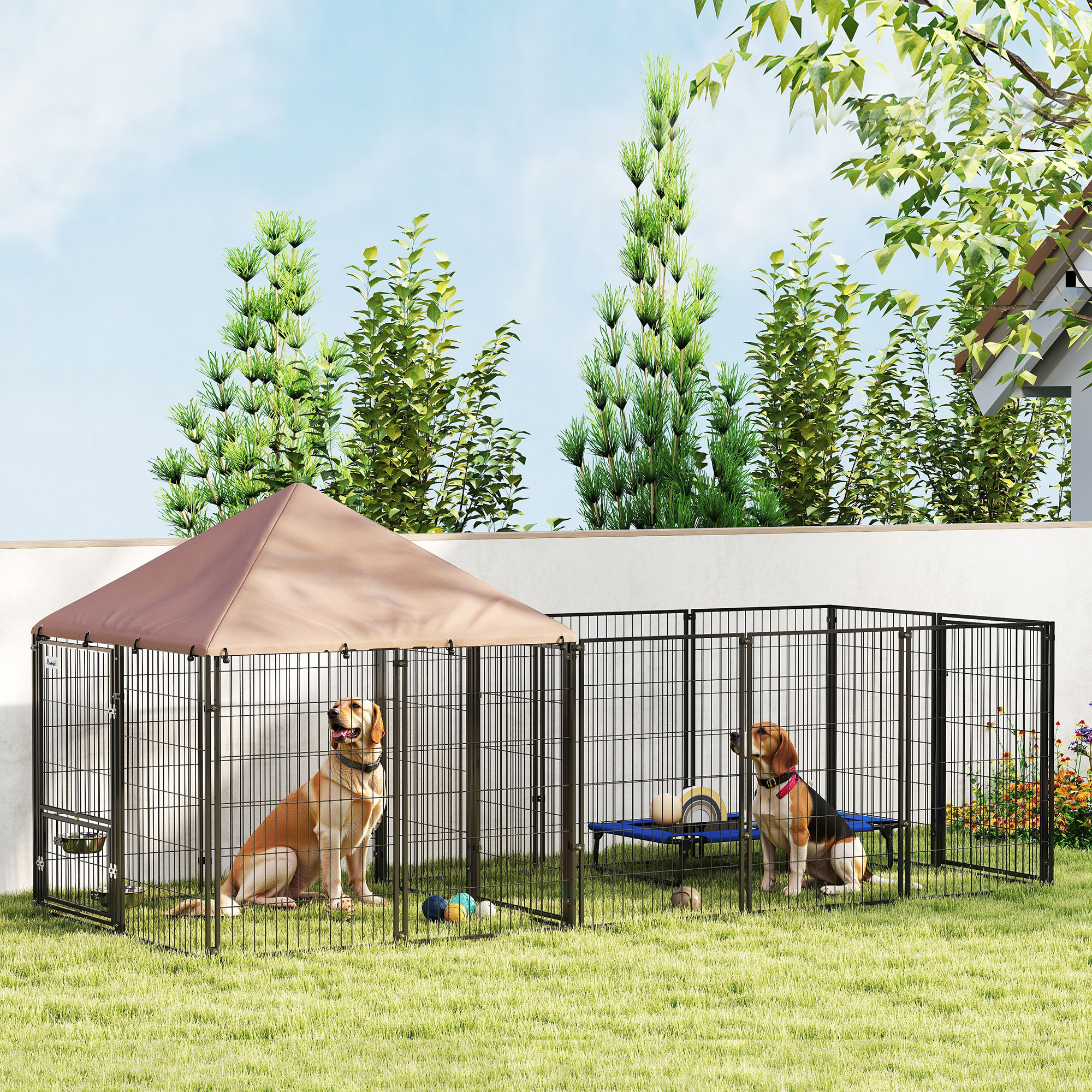  Large Outdoor Dog Kennel with Rotating & Adjustable Height Bowls, Waterproof & UV-Resistant Canopy, 11.3' x 4.7' x 5.1'