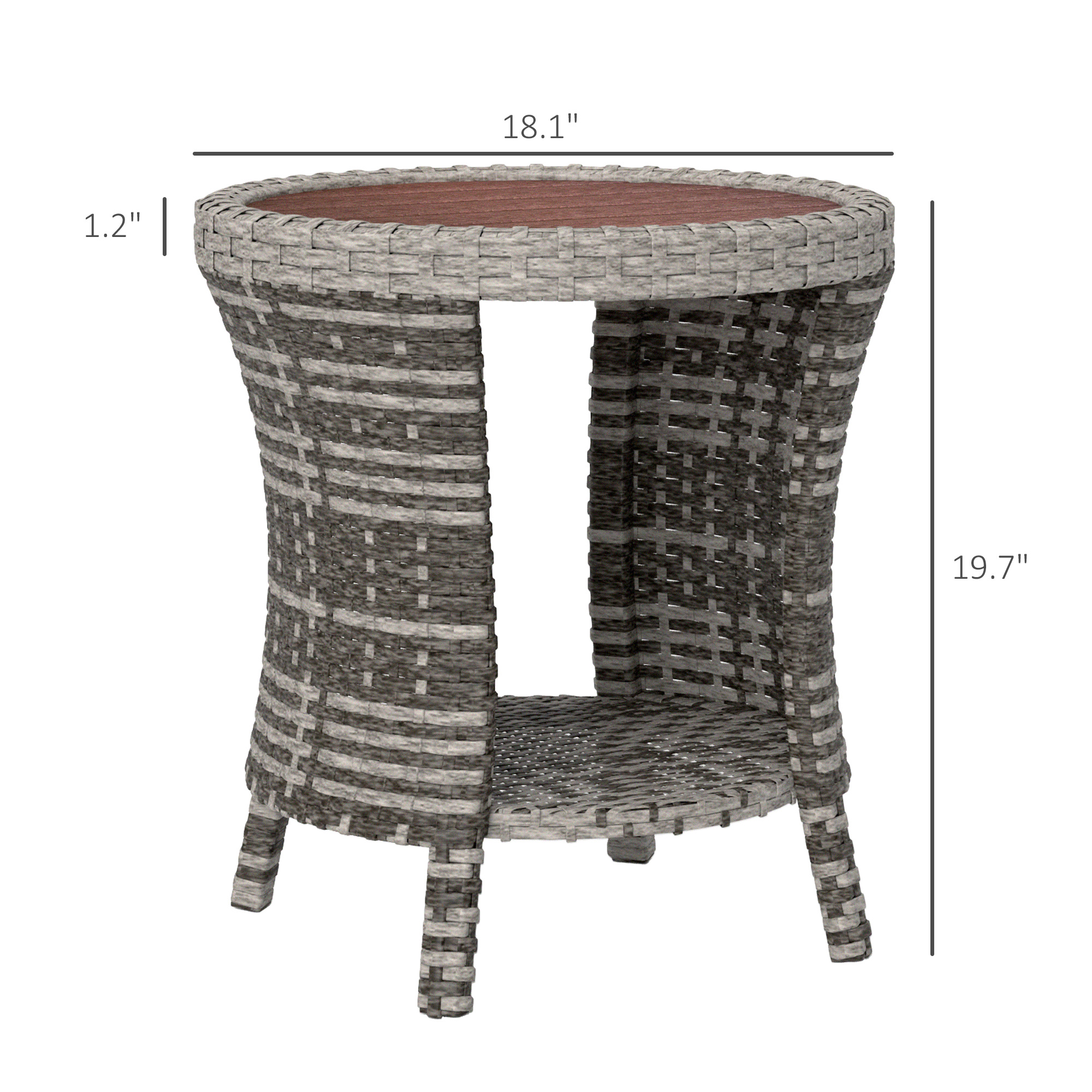 18″ Wicker Outdoor Coffee Table, PE Rattan Patio Side Table with 2-Tier Storage, Composite Wood Top, Mixed Gray