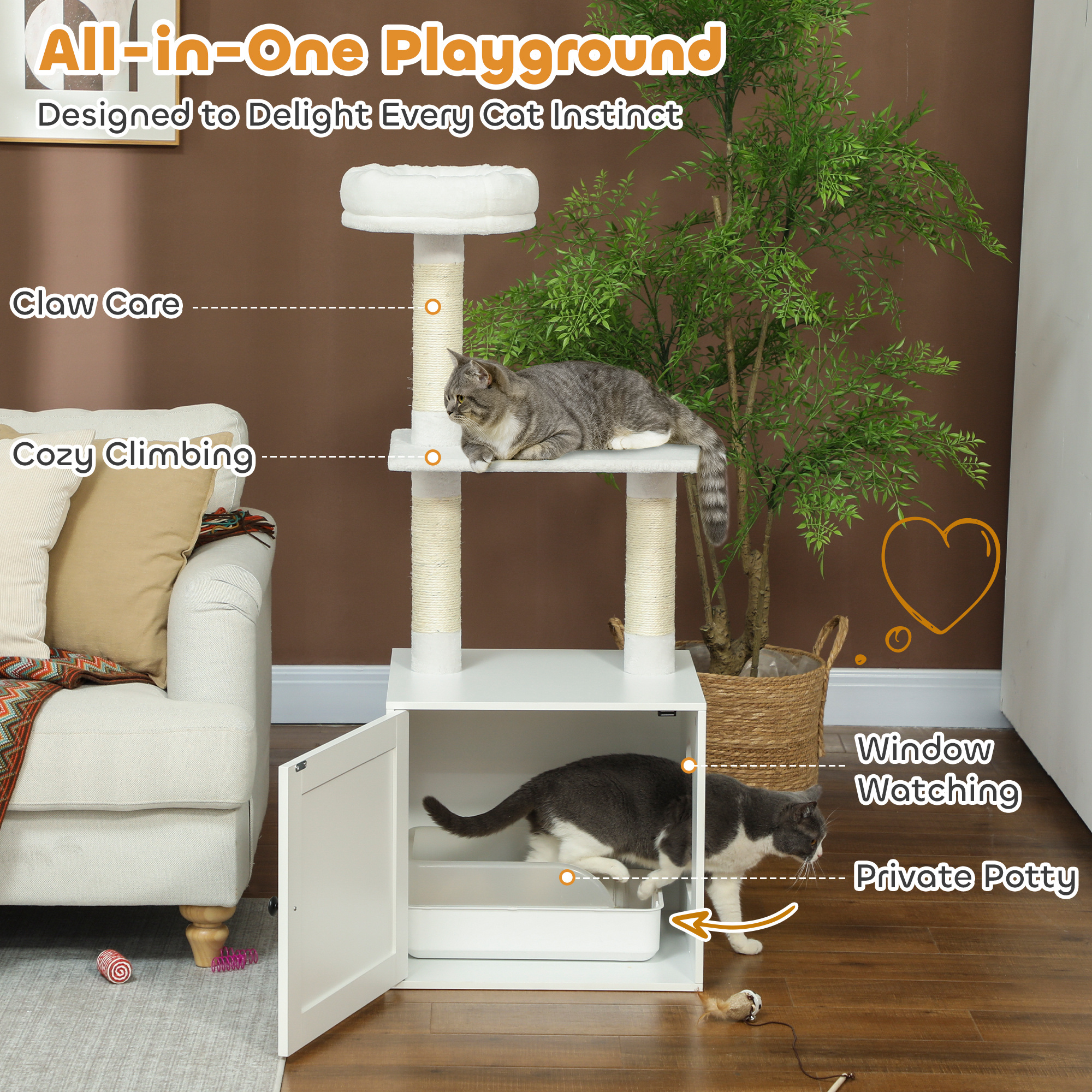  Cat Tree with Litter Box Enclosure, Scratching Posts, Bed, Climbing Platforms for Indoor Cats, White