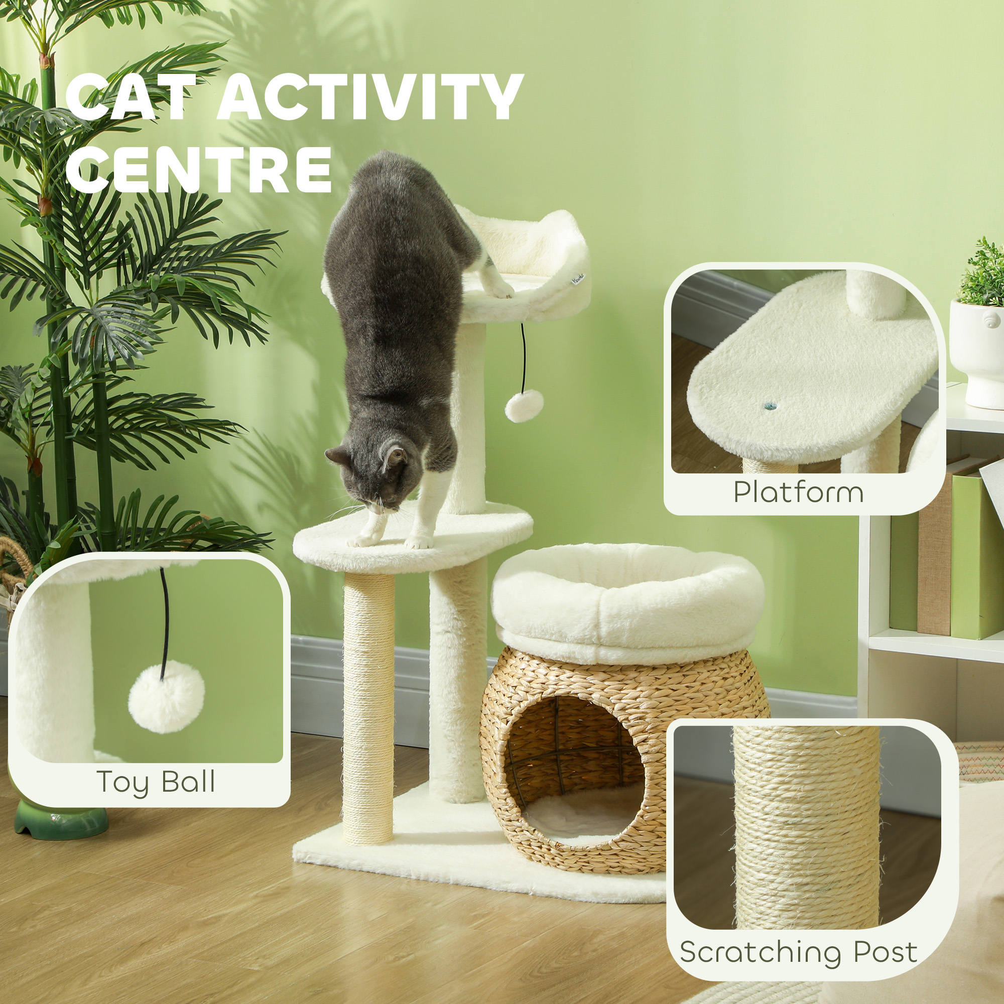  31" Cat Tree Tower with Scratching Posts, Cat Condo, Beds, Platform and Toy Ball for Indoor Cats, Cream White