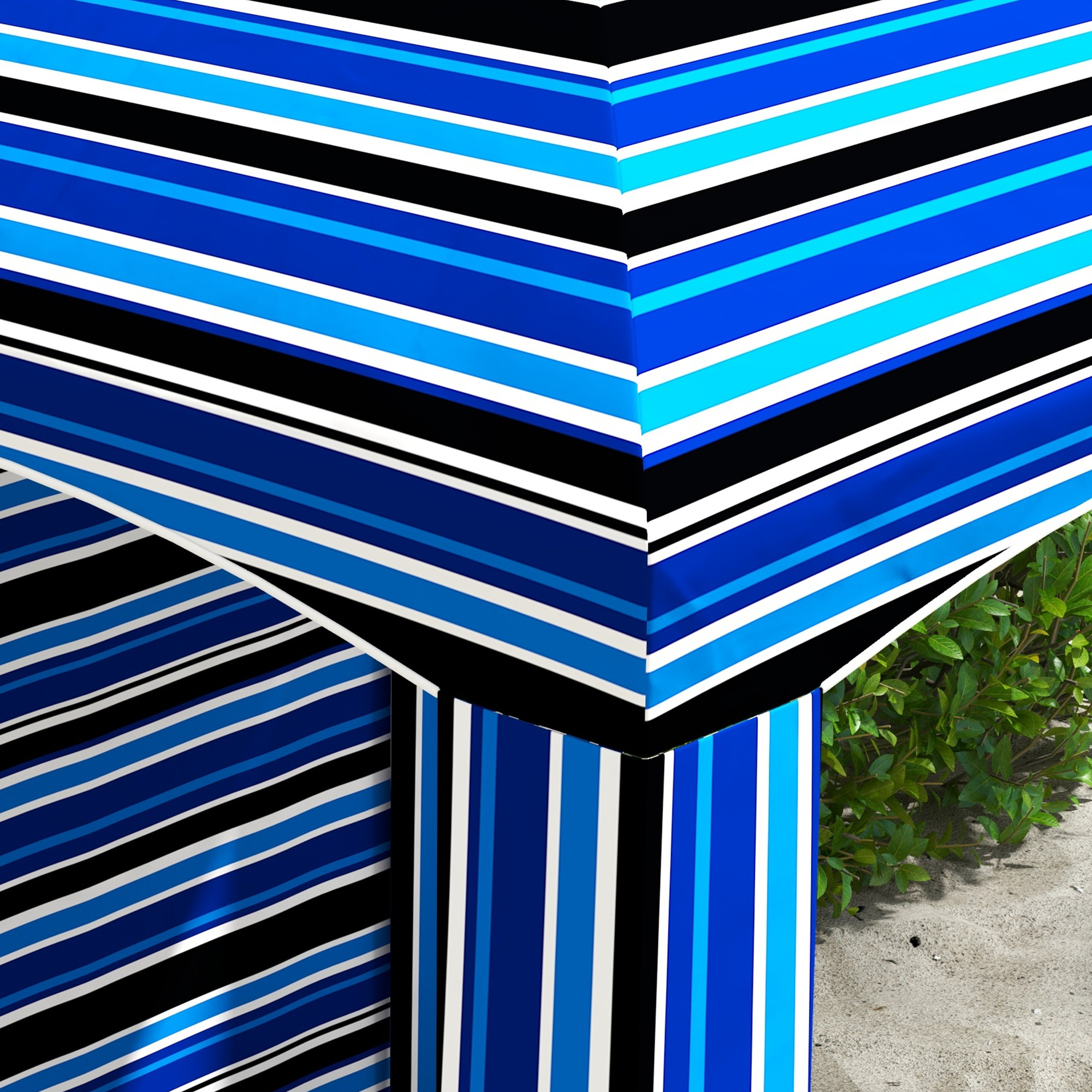 5.8′ x 5.8′ Cabana Umbrella with Walls, Vents, Ruffles, Carry Bag, Beach Umbrella, Blue Stripe