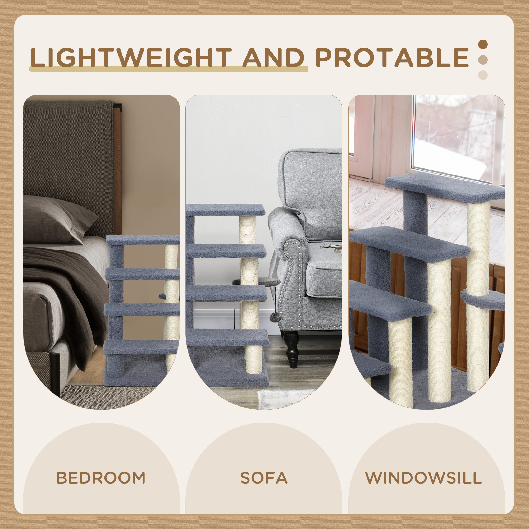  4 Levels Cat Steps with Scratching Posts for High Bed, Sofa, Gray