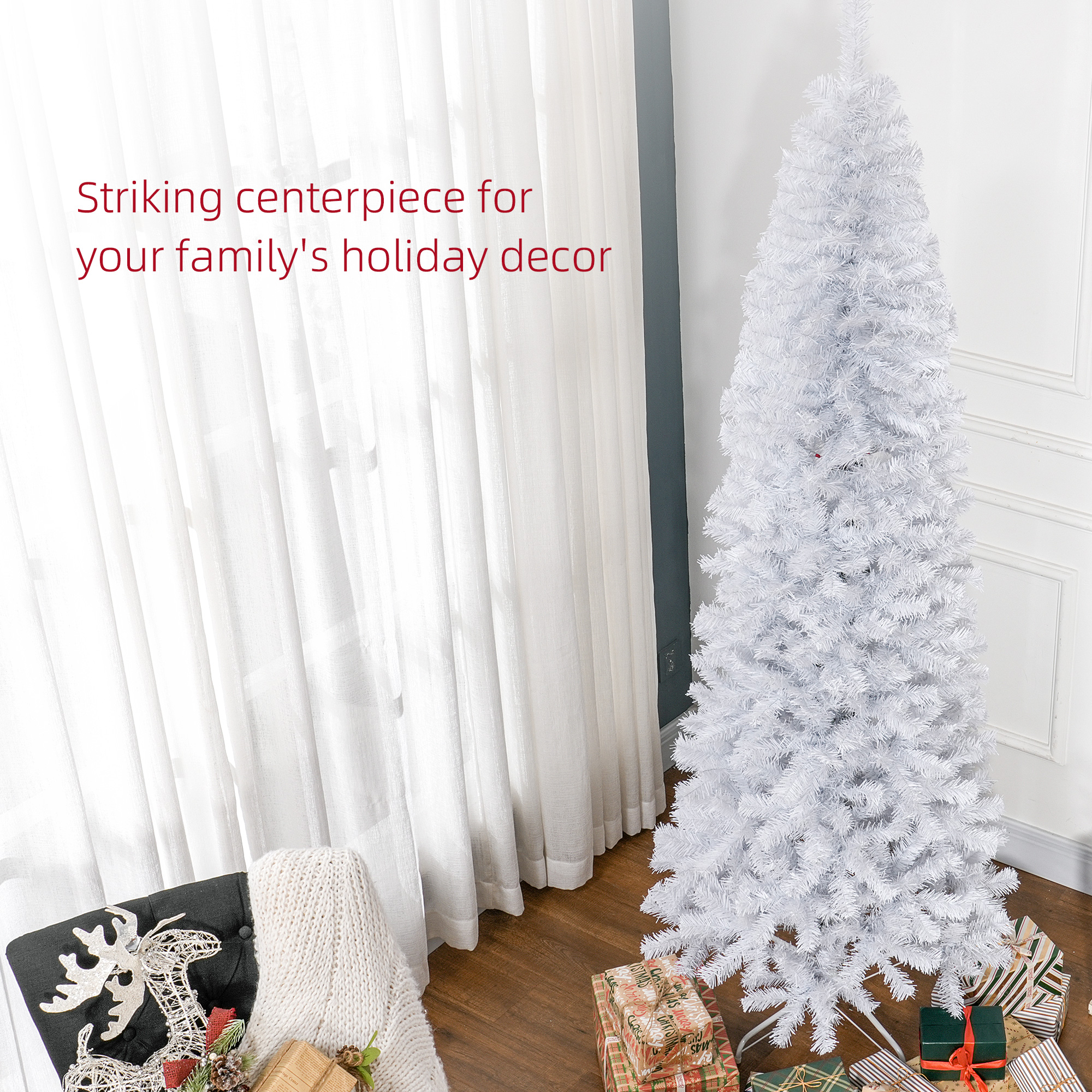  7 FT Artificial Christmas Tree Pencil Xmas Tree with Stand, 818 Tips, Holiday Home Indoor Decoration for Party, White