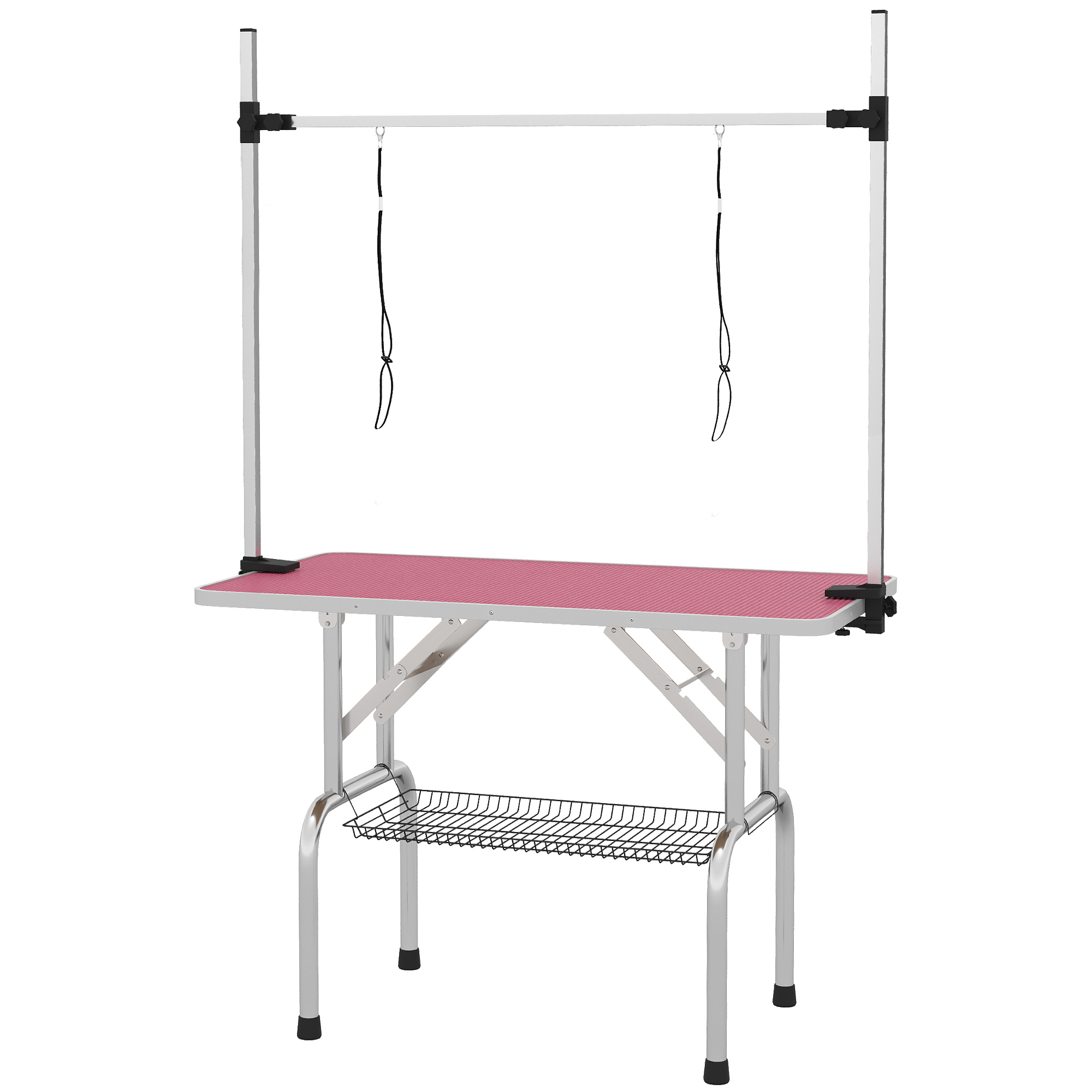 PawHut 42 Dog Grooming Table, Adjustable Pet Cat Drying Beauty Table With 2 Loops Storage Basket, Rubber Top, Pink - Image 1