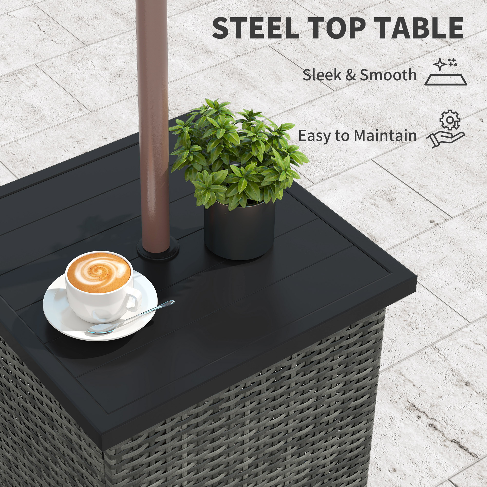  Wicker Side Table with 1.5" Umbrella Hole, Square Outdoor End Table with UV-Resistant Frame, Storage Space, Mixed-Gray