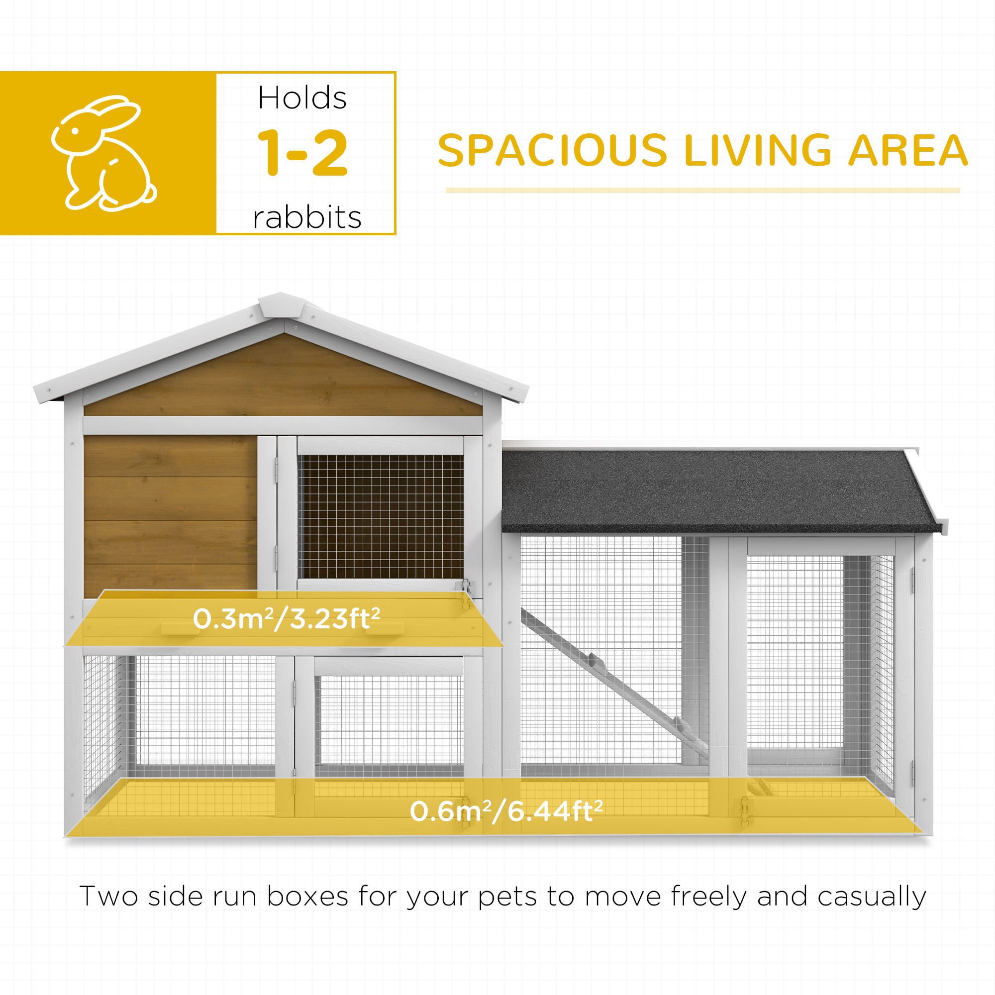  58" Wooden Rabbit Hutch with Run, Removable Tray, Asphalt Roof,  Lockable Doors and Ramp, Nature Wood