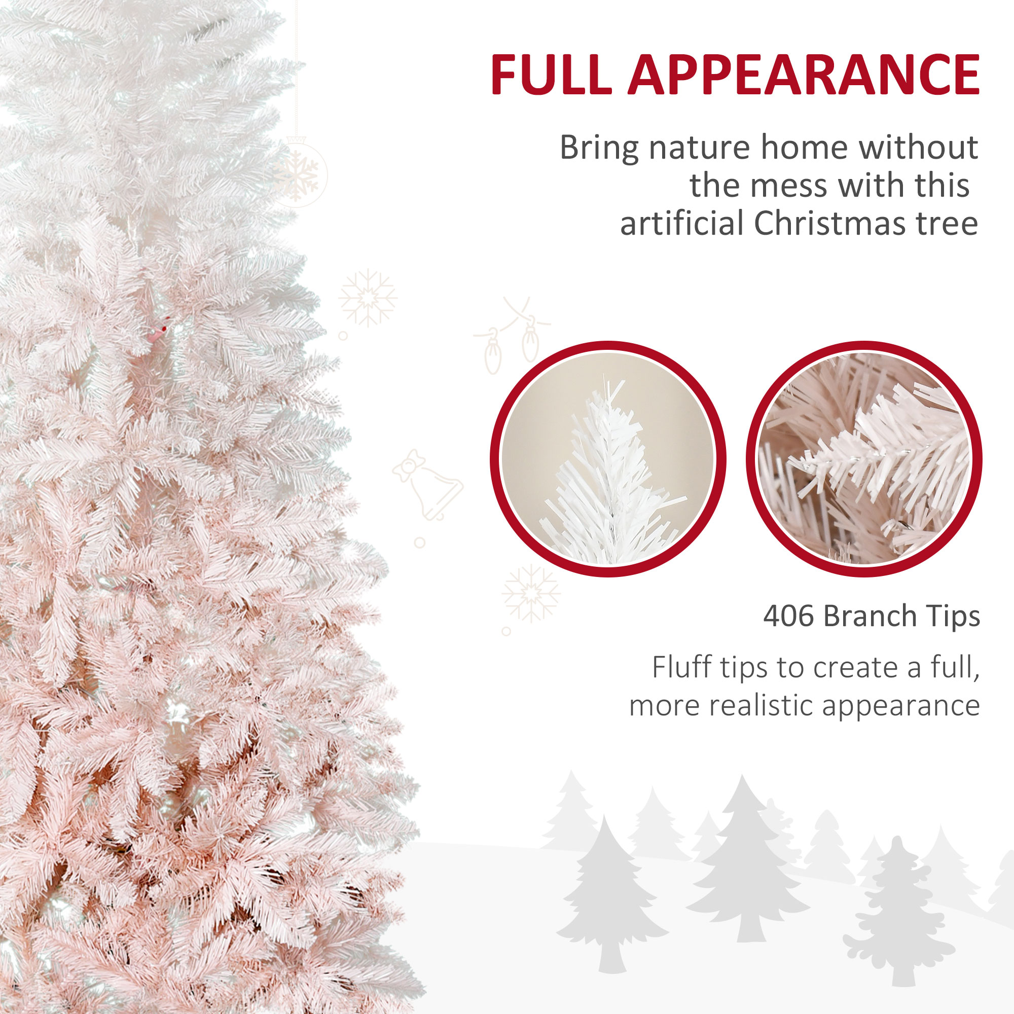  6' Tall Unlit Pencil Fir Artificial Christmas Tree with Realistic Branches and Steel Base, Pink and White