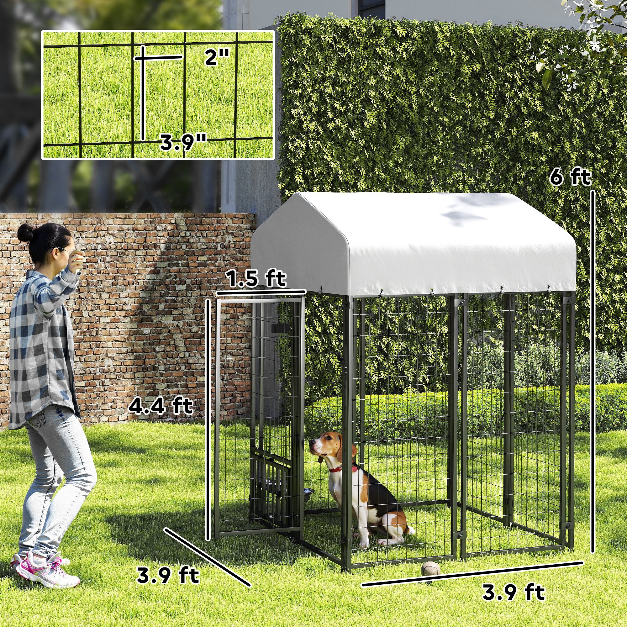  Welded Wire Outdoor Dog Kennel with 360° Rotating & 4 Levels Adjustable Bowls, Waterproof Cover, 3.9' x 3.9' x 6'
