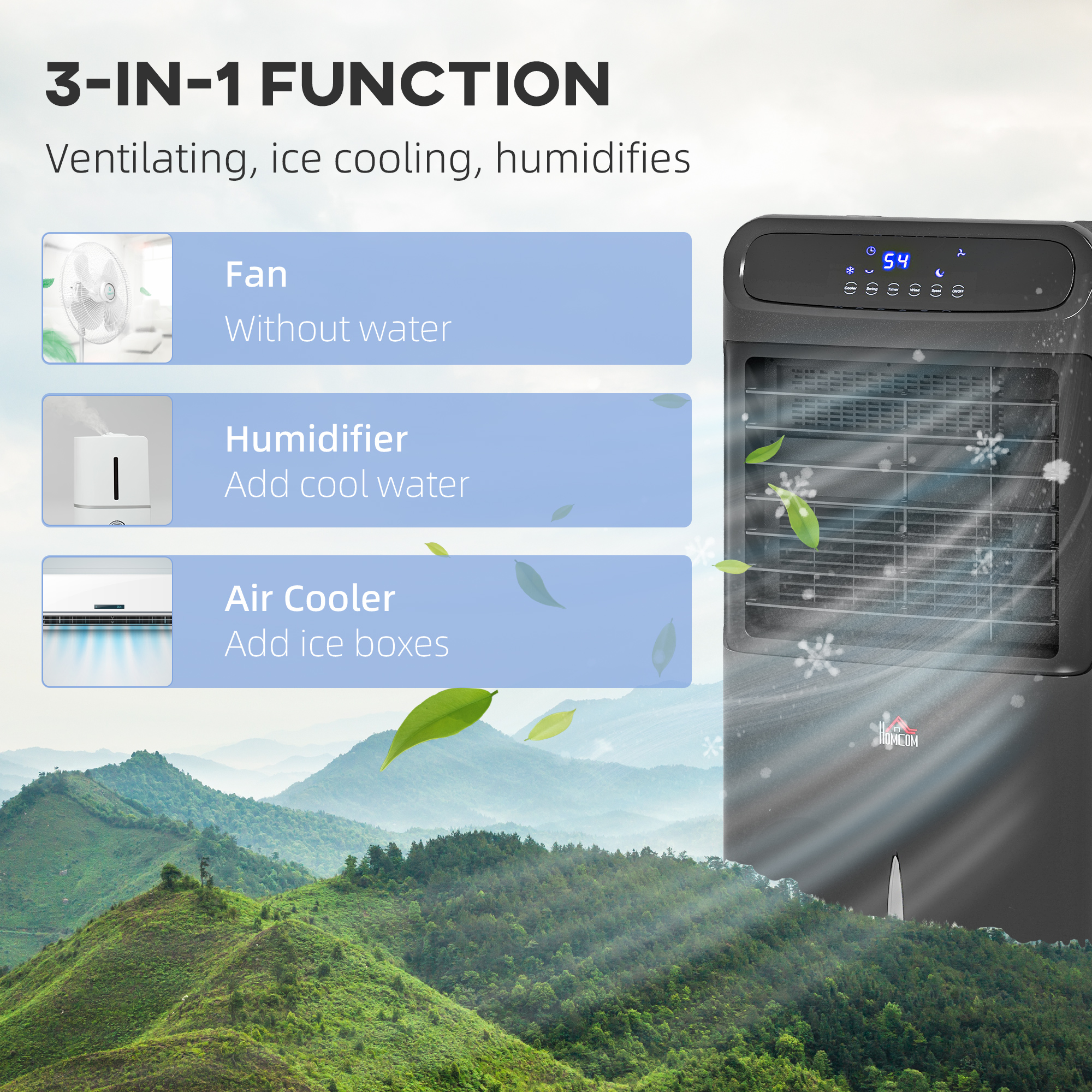  3-In-1 Ice Cooling Fan, Mobile Evaporative Air Cooler with Remote, Timer, Oscillating for Home Office, Bedroom, Black