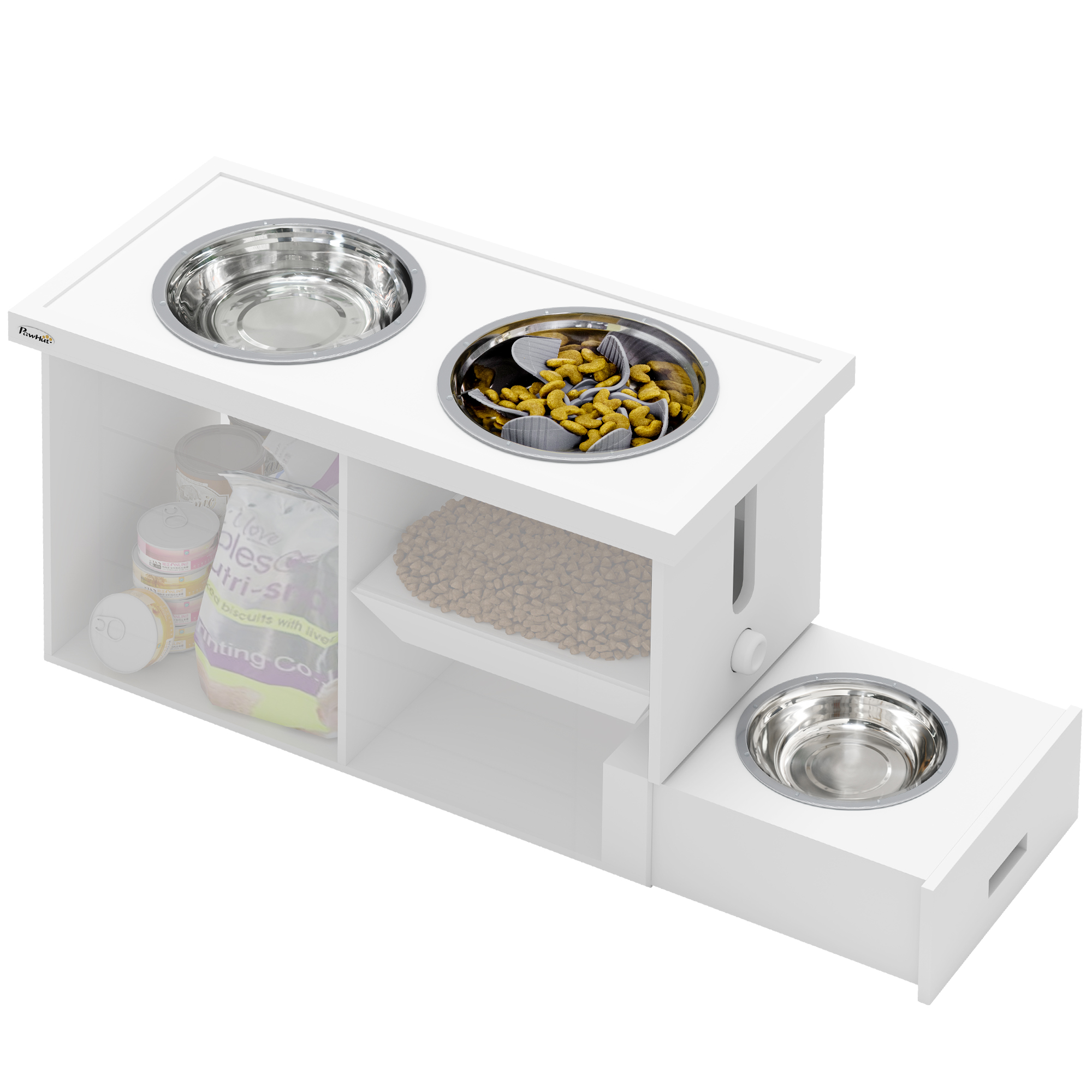 PawHut Raised Dog Bowls W/ Slow Feeder Mat, Storage Cabinet, Three Stainless Steel Bowls, Semi Auto Dispenser Function, White - Image 1