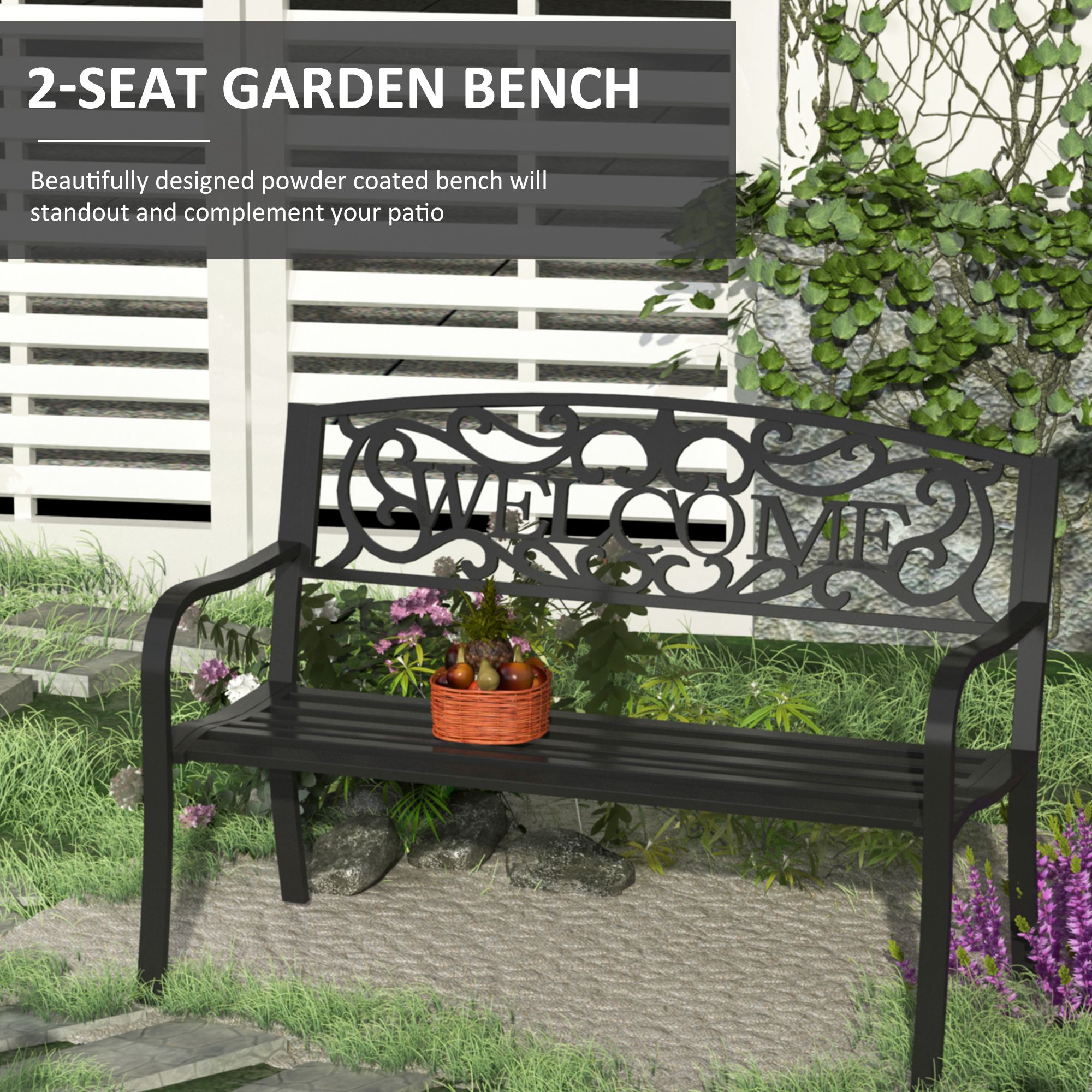 50″ 2-Person Garden Bench Loveseat with Cast Iron Decorative Welcome Vines, Outdoor Patio Bench for Backyard, Porch, Entryway