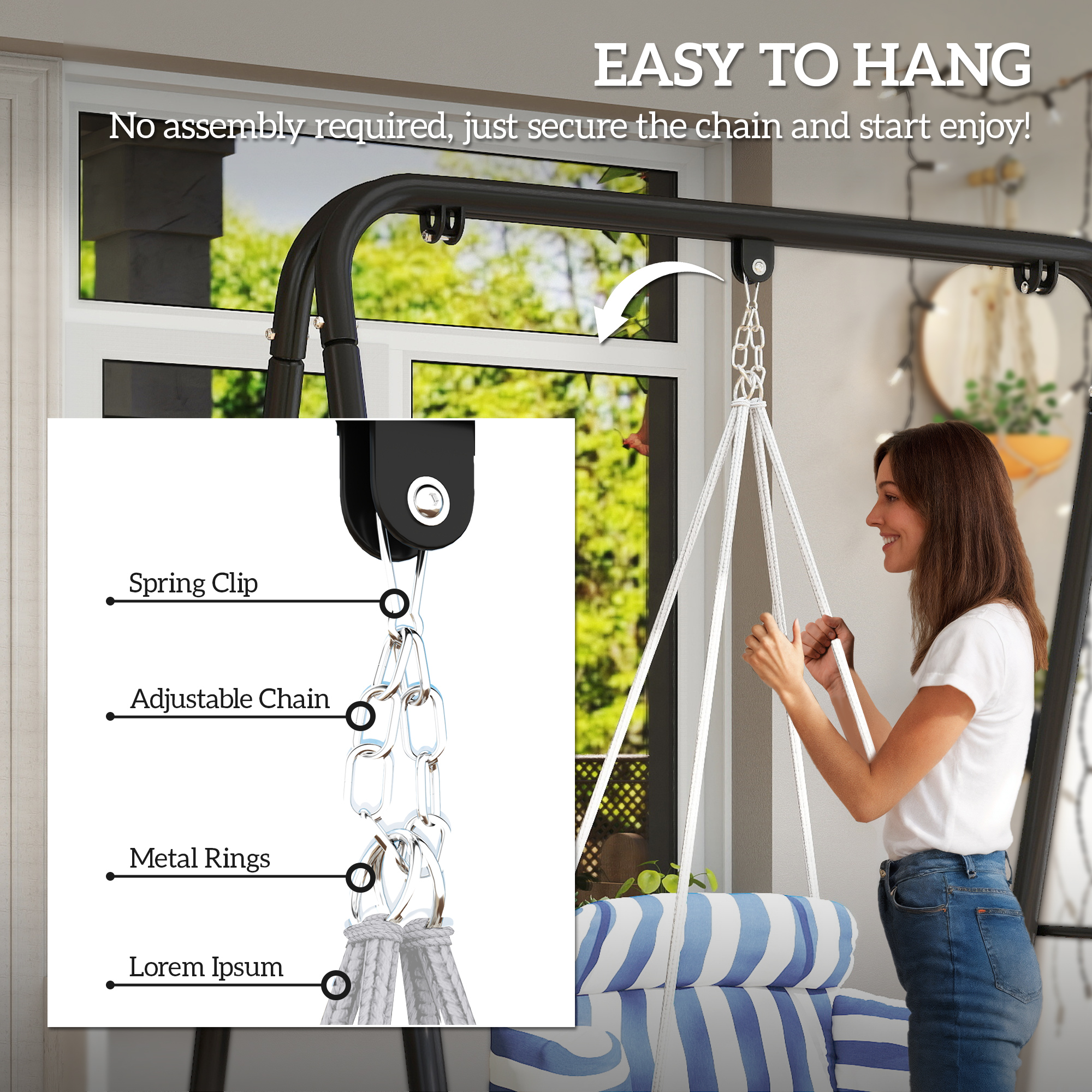 Hammock Swing Chair, Macrame Hanging Chair with Large Cushion, Chain, Steel Frame for Indoor Outdoor Use, Blue and White