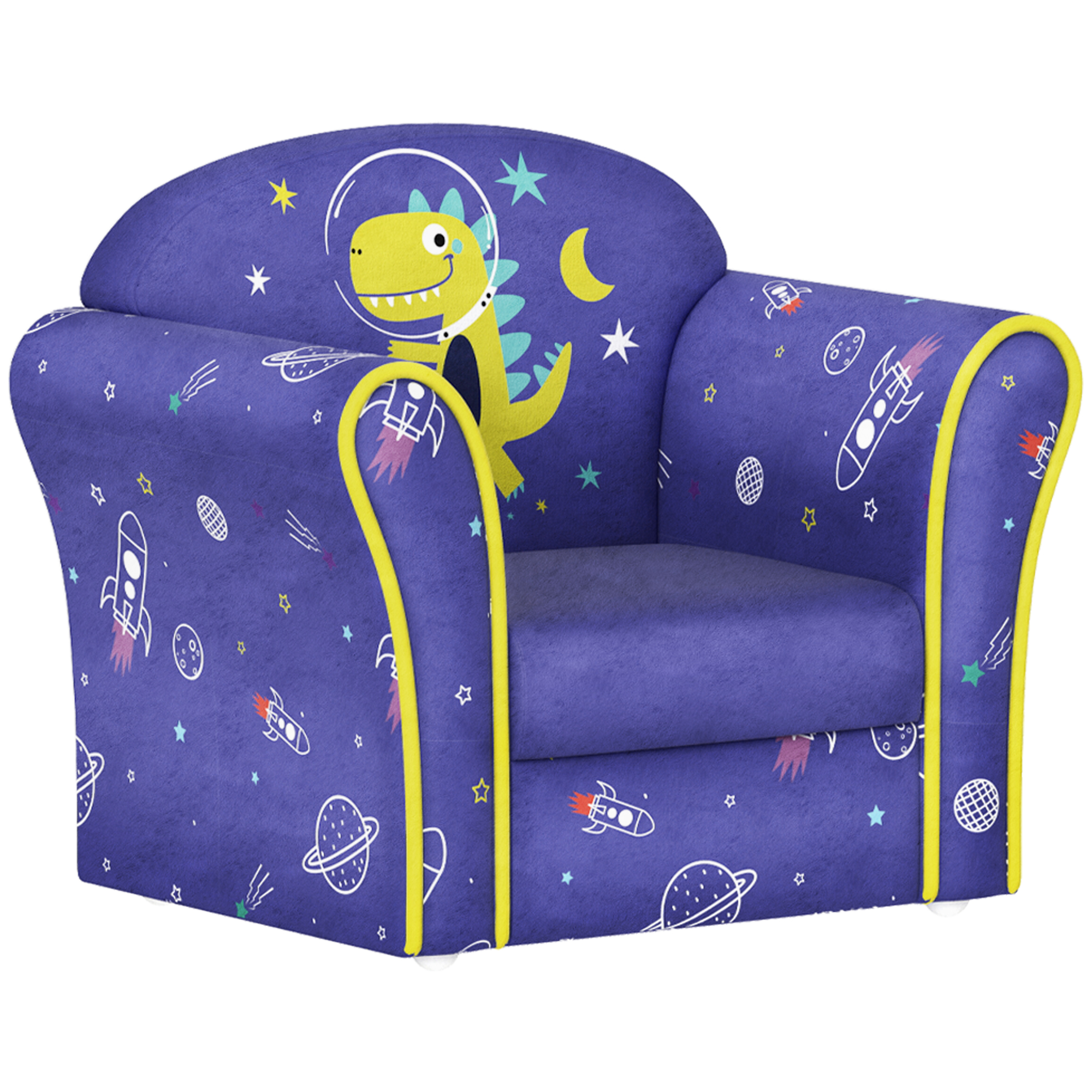 Kids Armchair With Planet Dinosaurs Design, Wooden Frame, For Bedroom