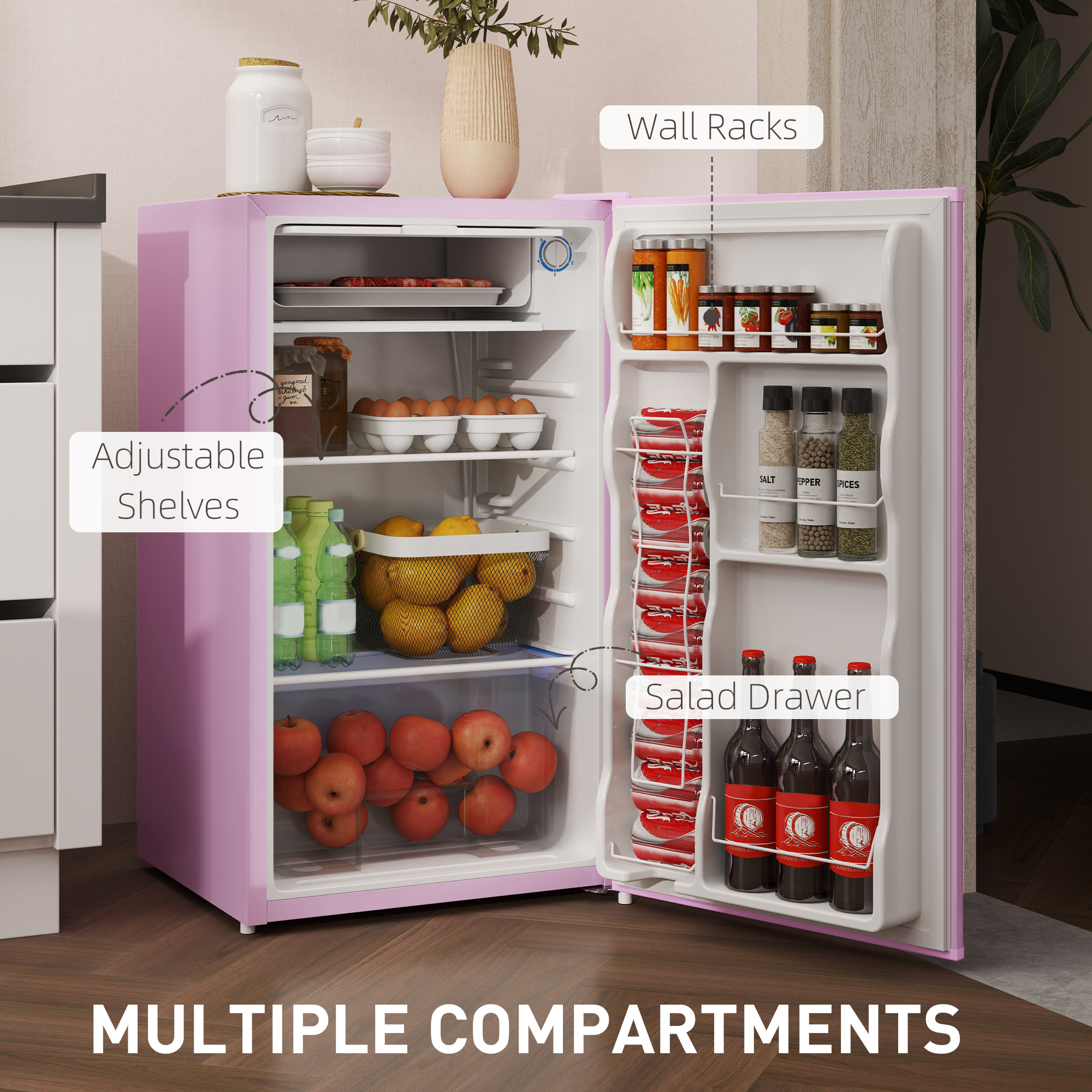  3.2 Cu.Ft Mini Fridge with Freezer, Single Door Compact Refrigerator with Adjustable Thermostat, Reversible Door, Pink