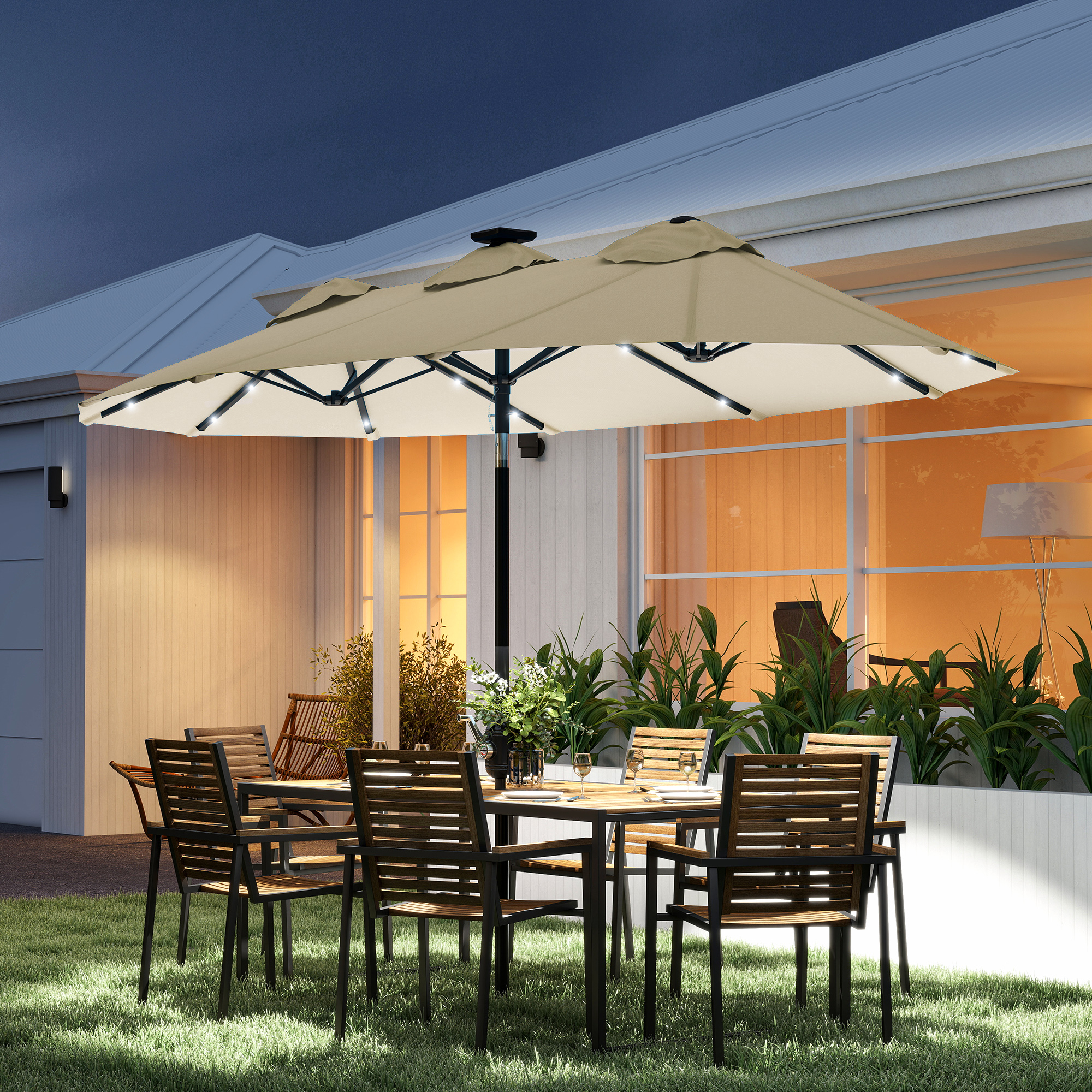 Double-sided Patio Umbrella, 9.7 Outdoor Umbrella with Tilt and Crank, LED Solar Light and 12 Ribs, Cream White