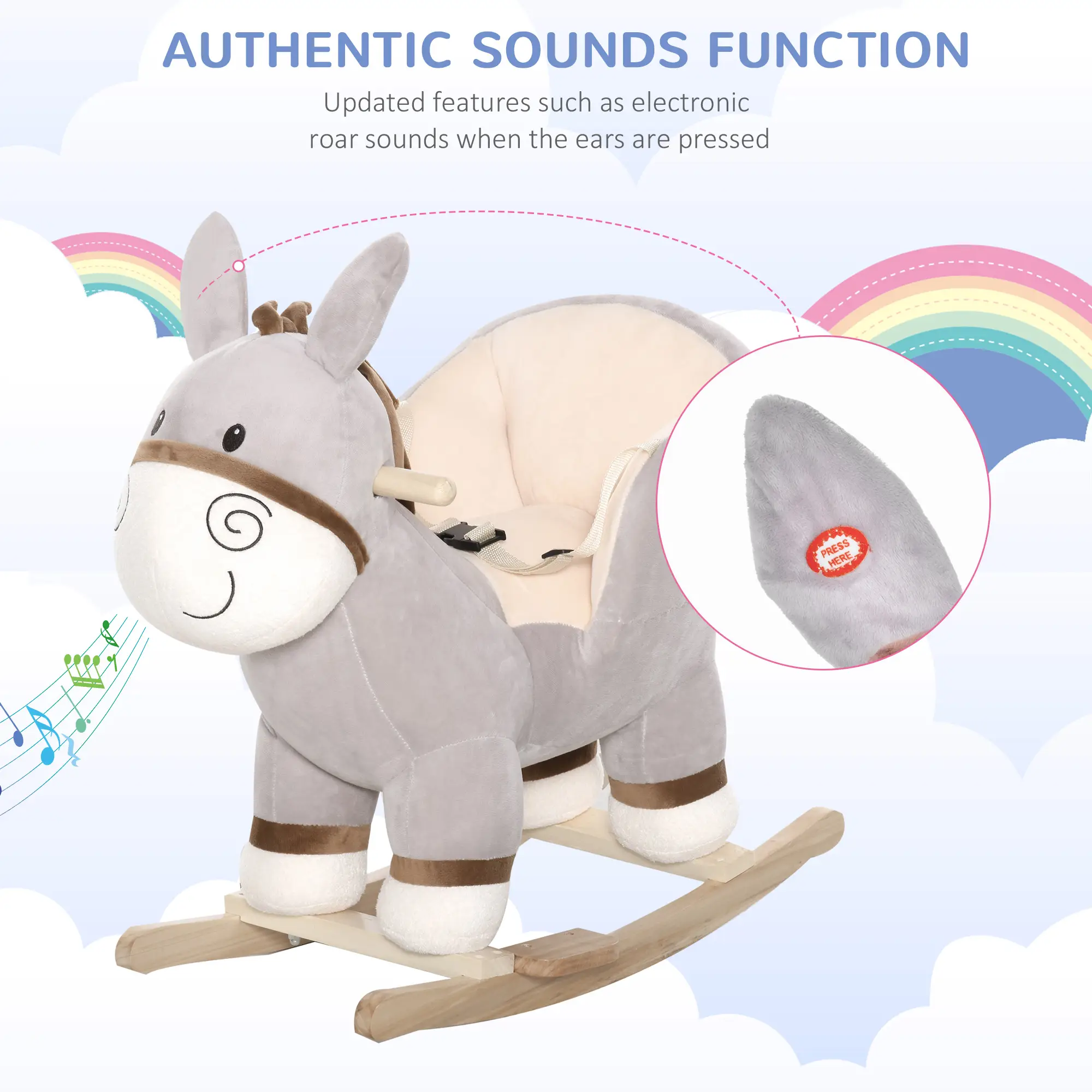 Kids Rocking Chair, Plush Ride On Rocking Horse Donkey with Sound, Wood Base Seat, Safety Belt, Baby Toddler Rocker Toy for 18 - 36 Months, Gray