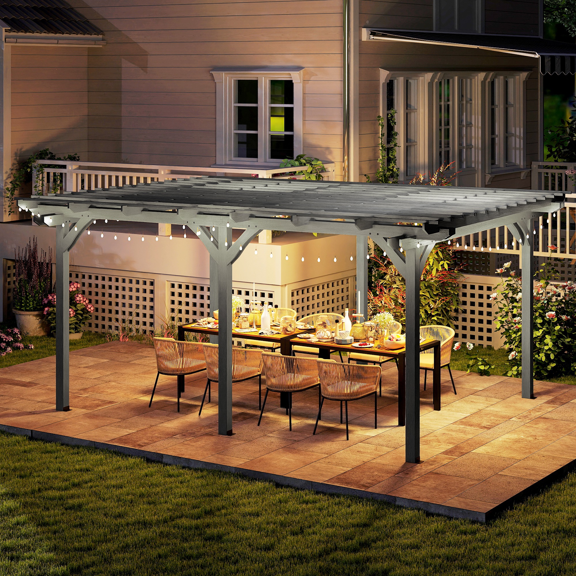 12′ x 16′ Outdoor Pergola, Wood Gazebo Grape Trellis with Stable Structure for Climbing Plant Support, Gray