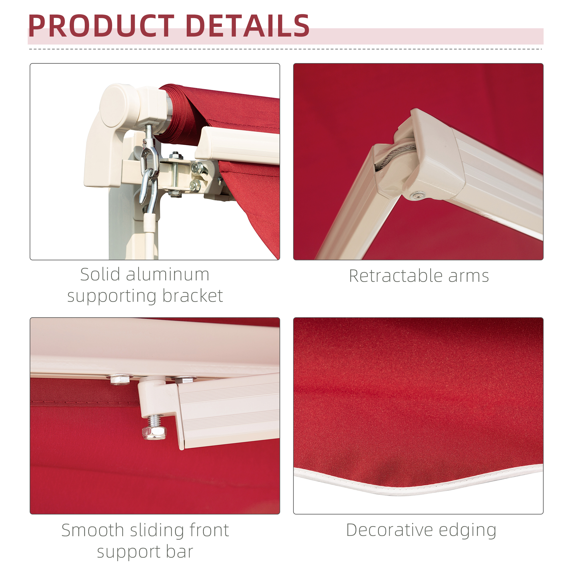 12′ x 10′ Manual Retractable Awning Outdoor Sunshade Shelter for Patio, Balcony, Yard, with Adjustable & Versatile Design, Wine Red