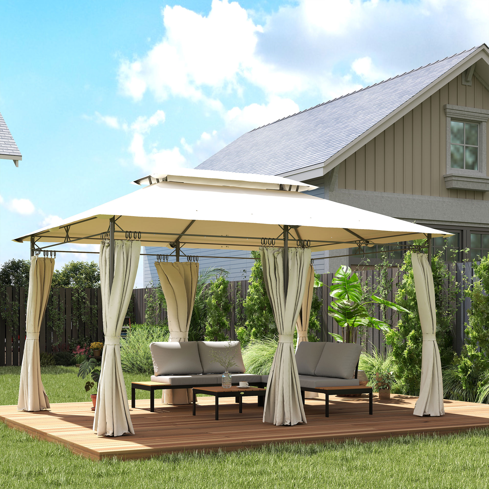 10 x 13 Double Roof Patio Gazebo, Outdoor Gazebo with Curtains, for Garden, Lawn, Backyard and Deck, Cream White