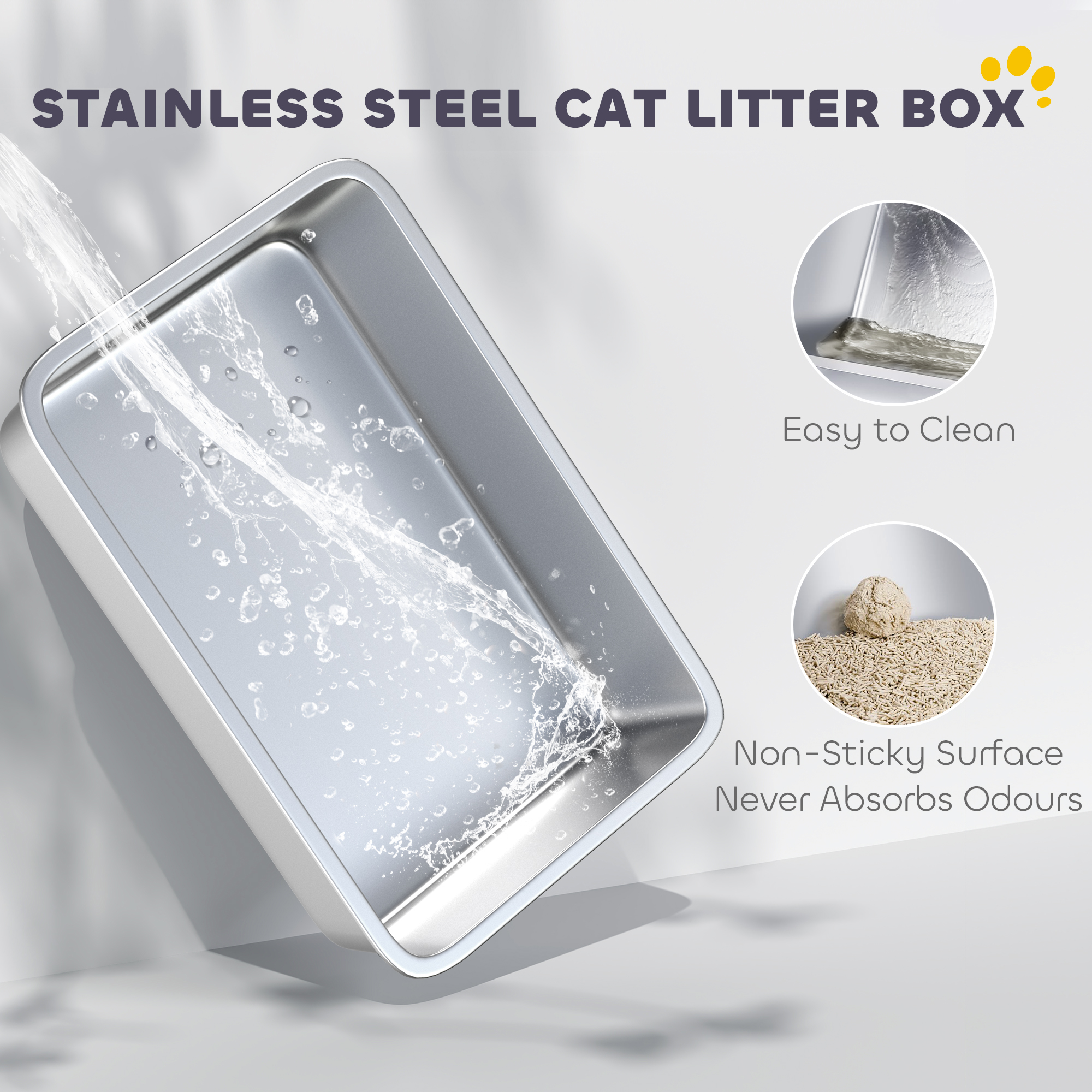  Extra Large Stainless Steel Cat Litter Box with Scoop & Pad, Anti-Urine Leakage, Easy Cleaning, Non-Sticky