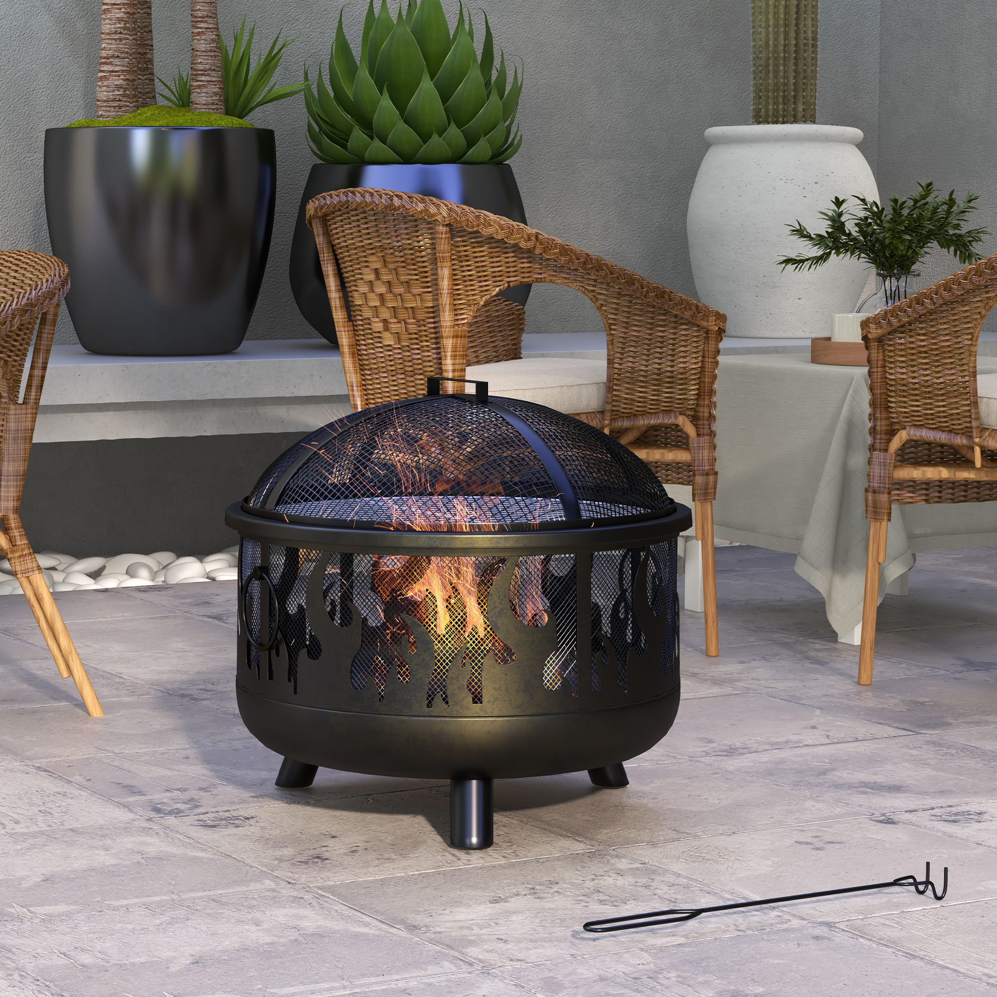 Steel Fire Pit BBQ, With Poker - Black — image 3