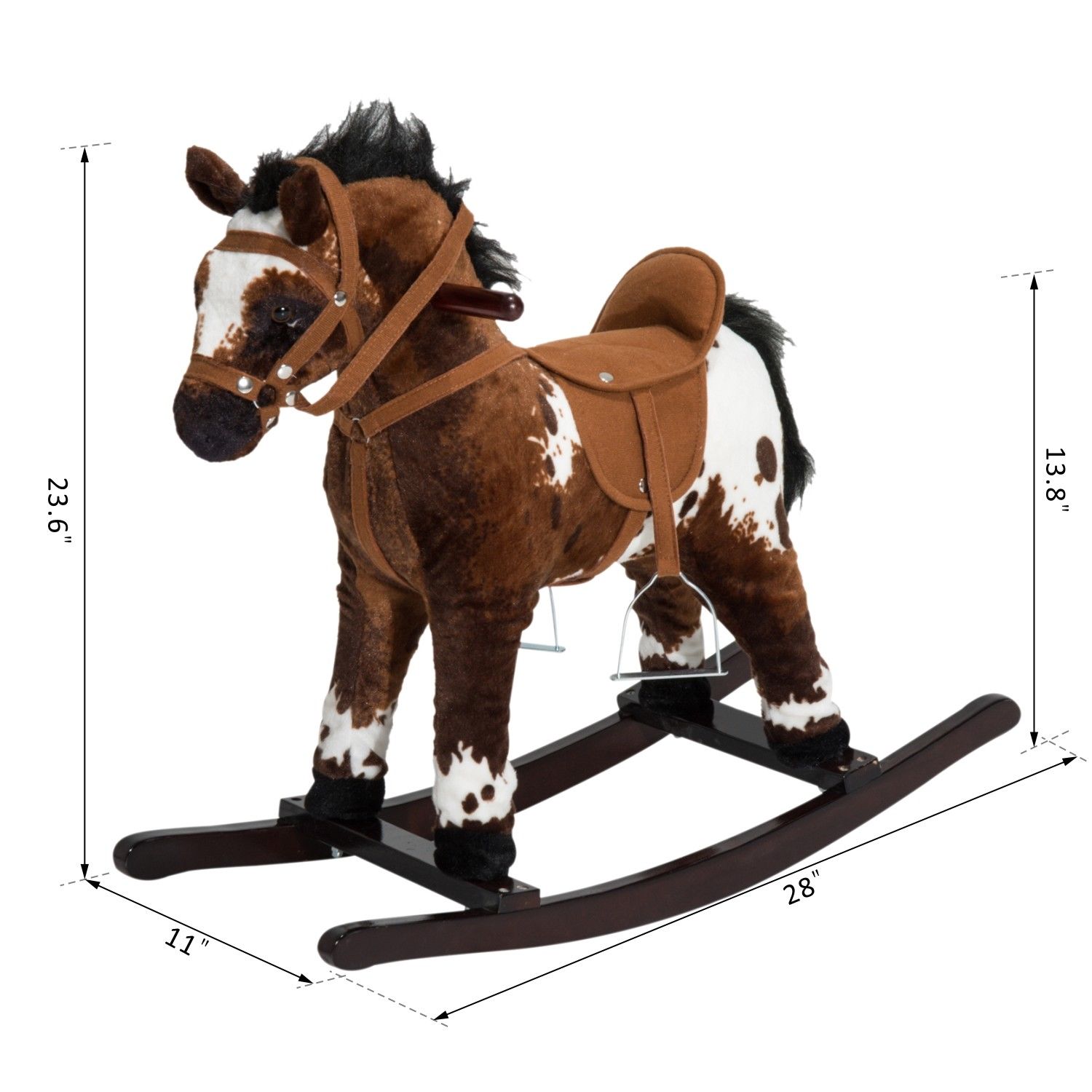 Kids Wooden Plush Ride-On Rocking Horse Chair Toy with Realistic Sounds Dark Brown/White image 2